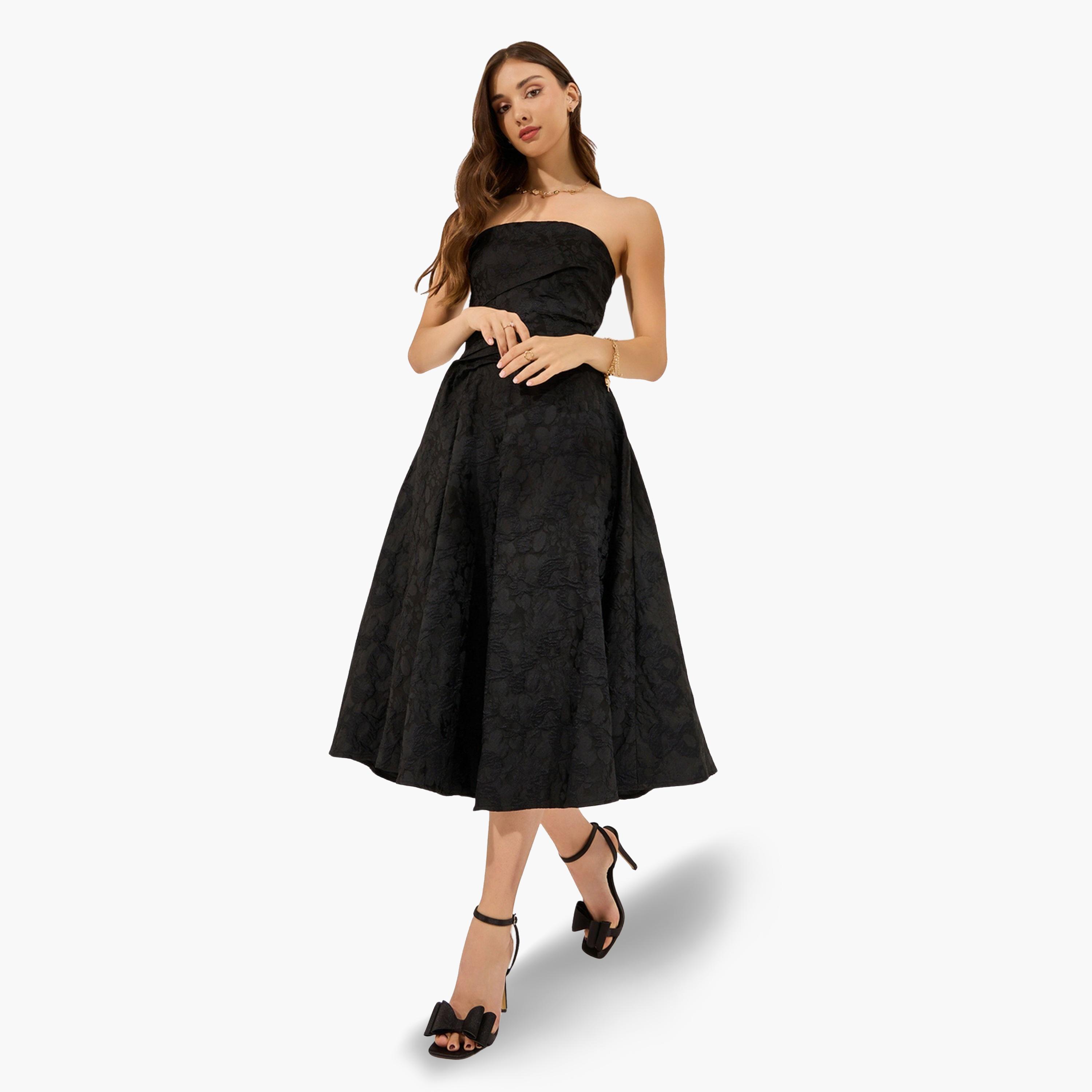 ستايلي - فستان متوسط الطول لون أسود قماش جاكار مطوي بياقة باندو-women-clothing-dresses-image-1