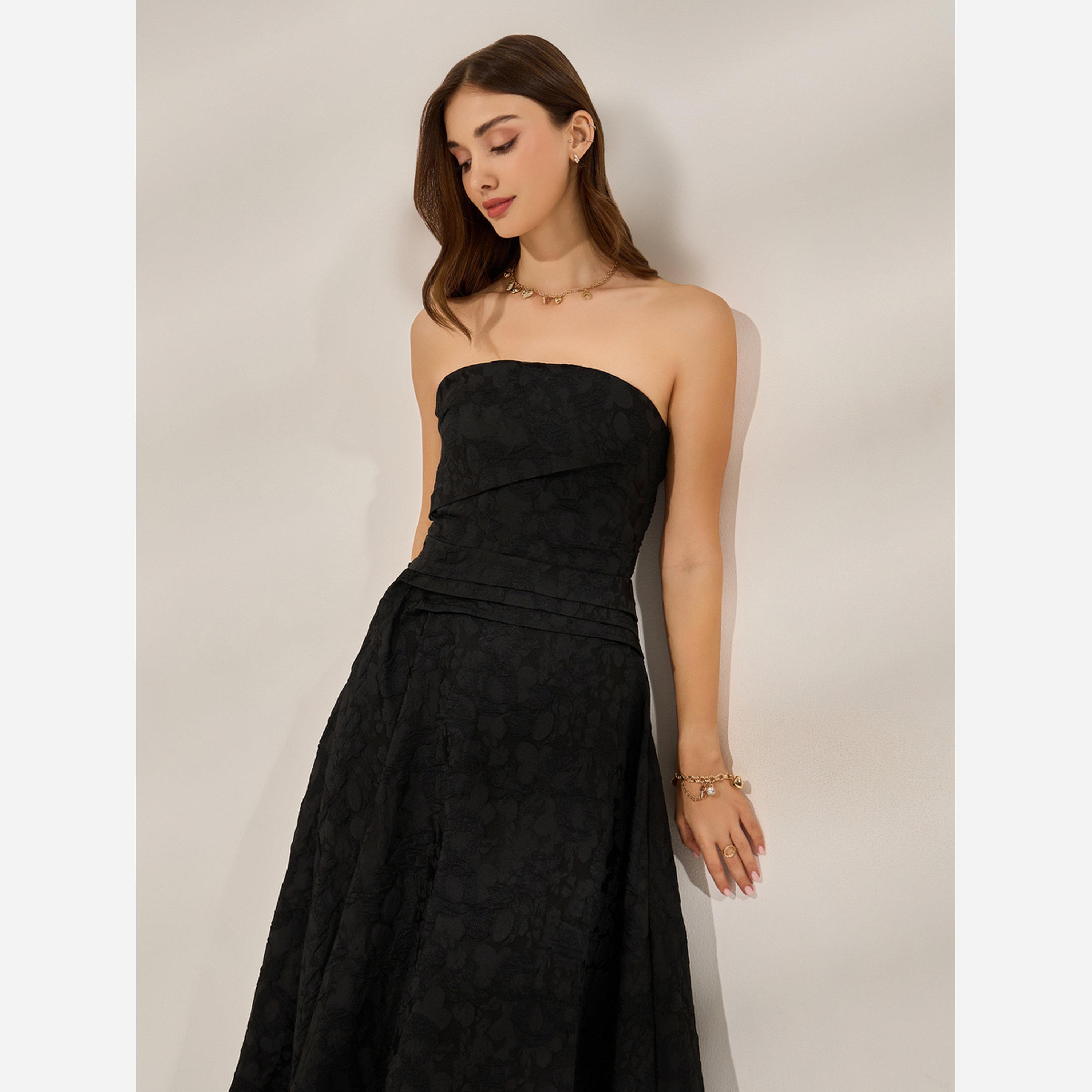 Styli Black Jacquard Pleated Bandeau Neck Midi Dress-women-clothing-dresses-image-4