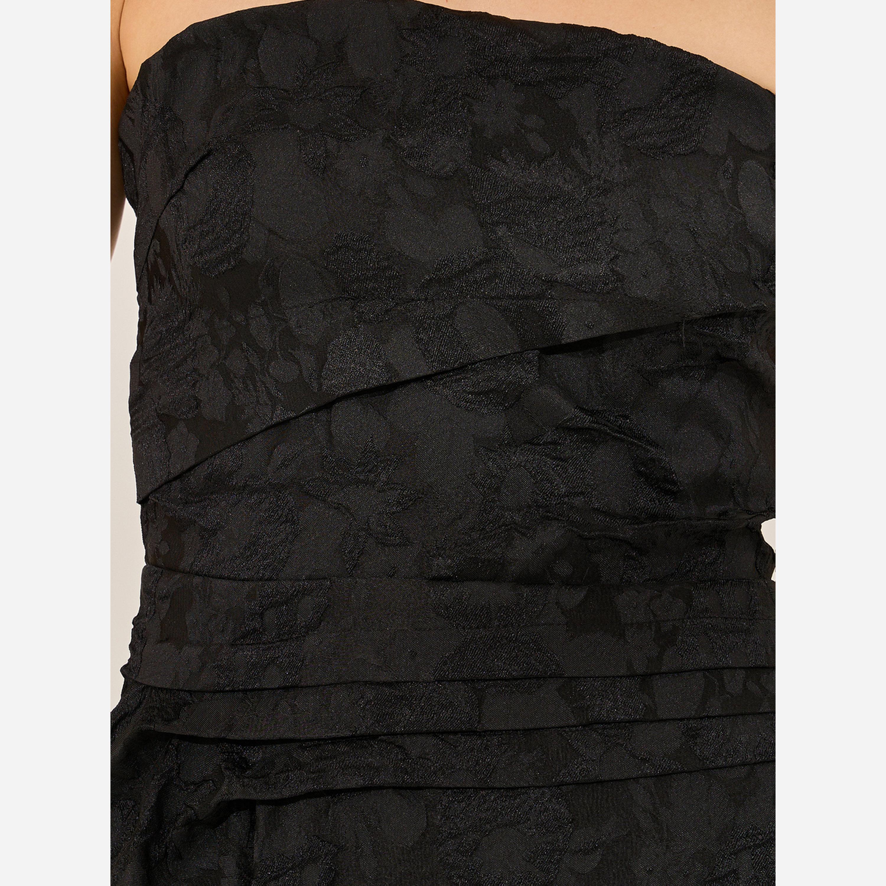 ستايلي - فستان متوسط الطول لون أسود قماش جاكار مطوي بياقة باندو-women-clothing-dresses-image-5