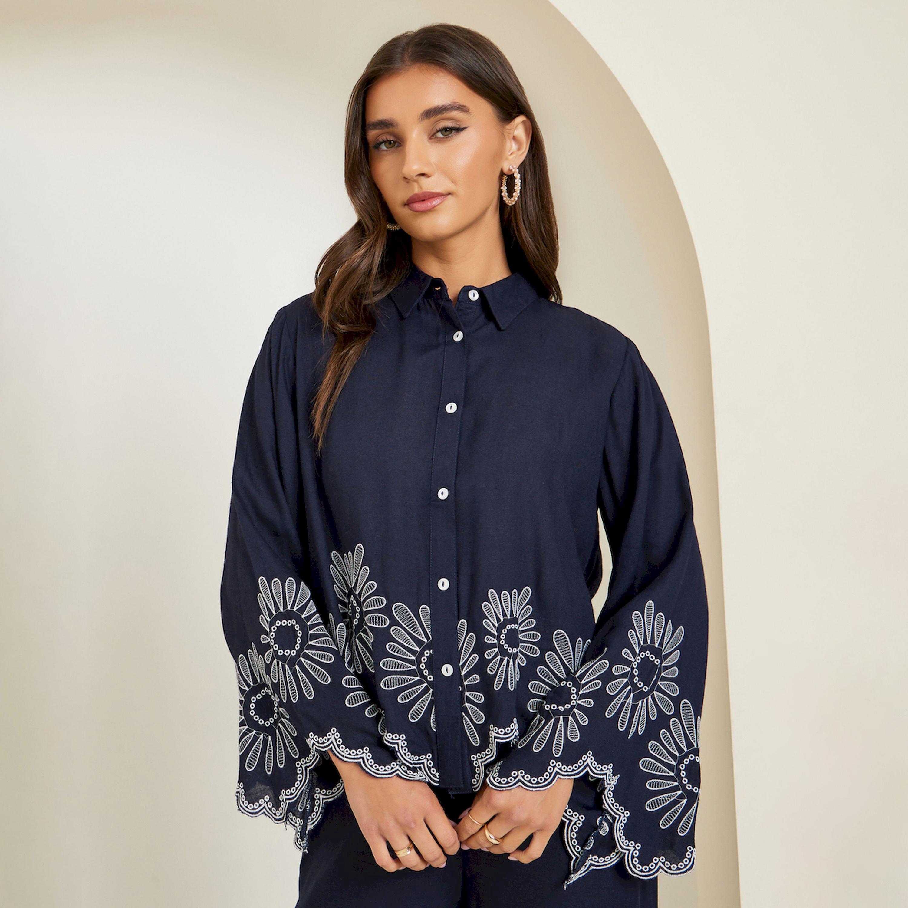 Styli Women Navy Blue Cropped Shirt with Crochet Detail-women-clothing-shirtsandblouses-blouses-image-1