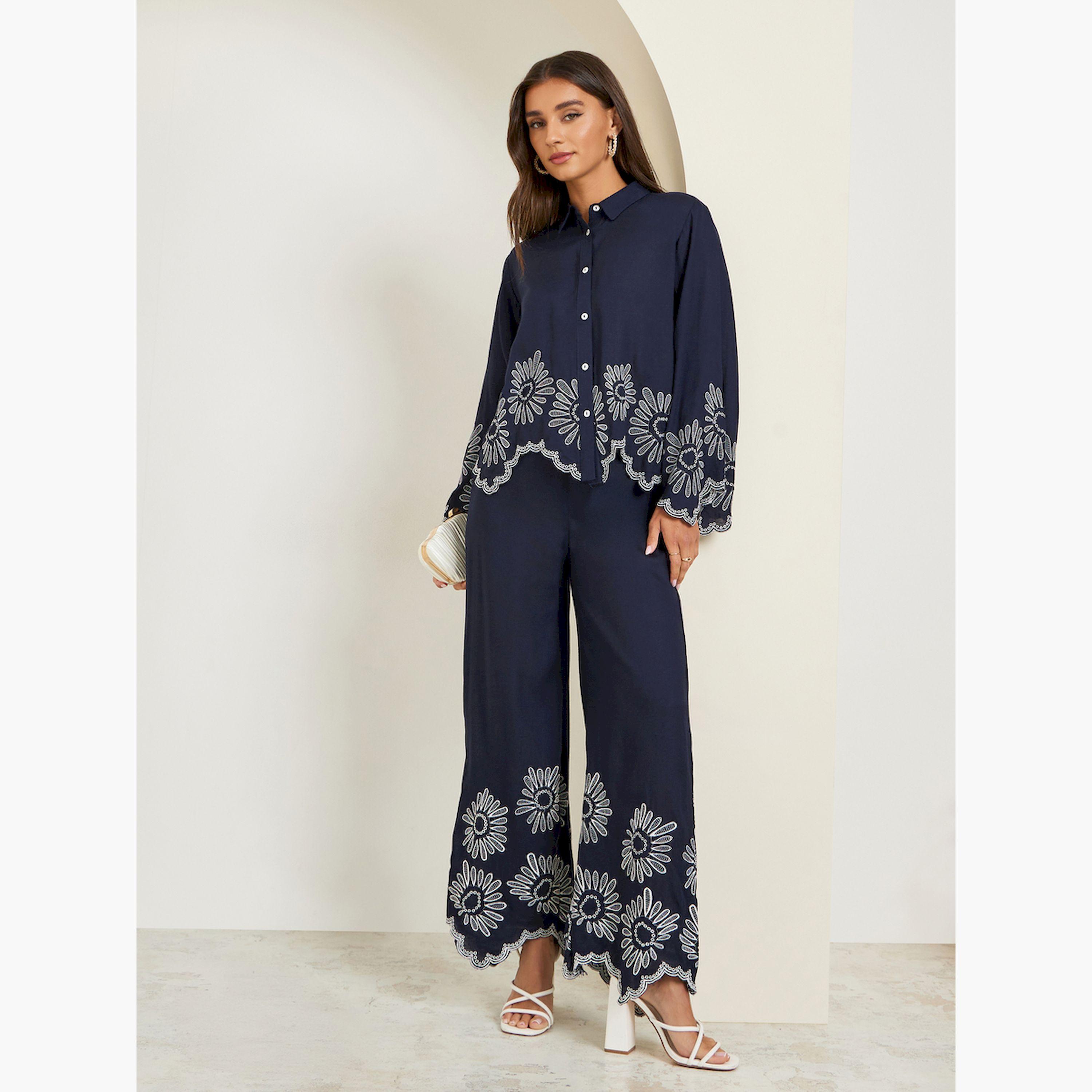 Styli Women Navy Blue Cropped Shirt with Crochet Detail-women-clothing-shirtsandblouses-blouses-image-2