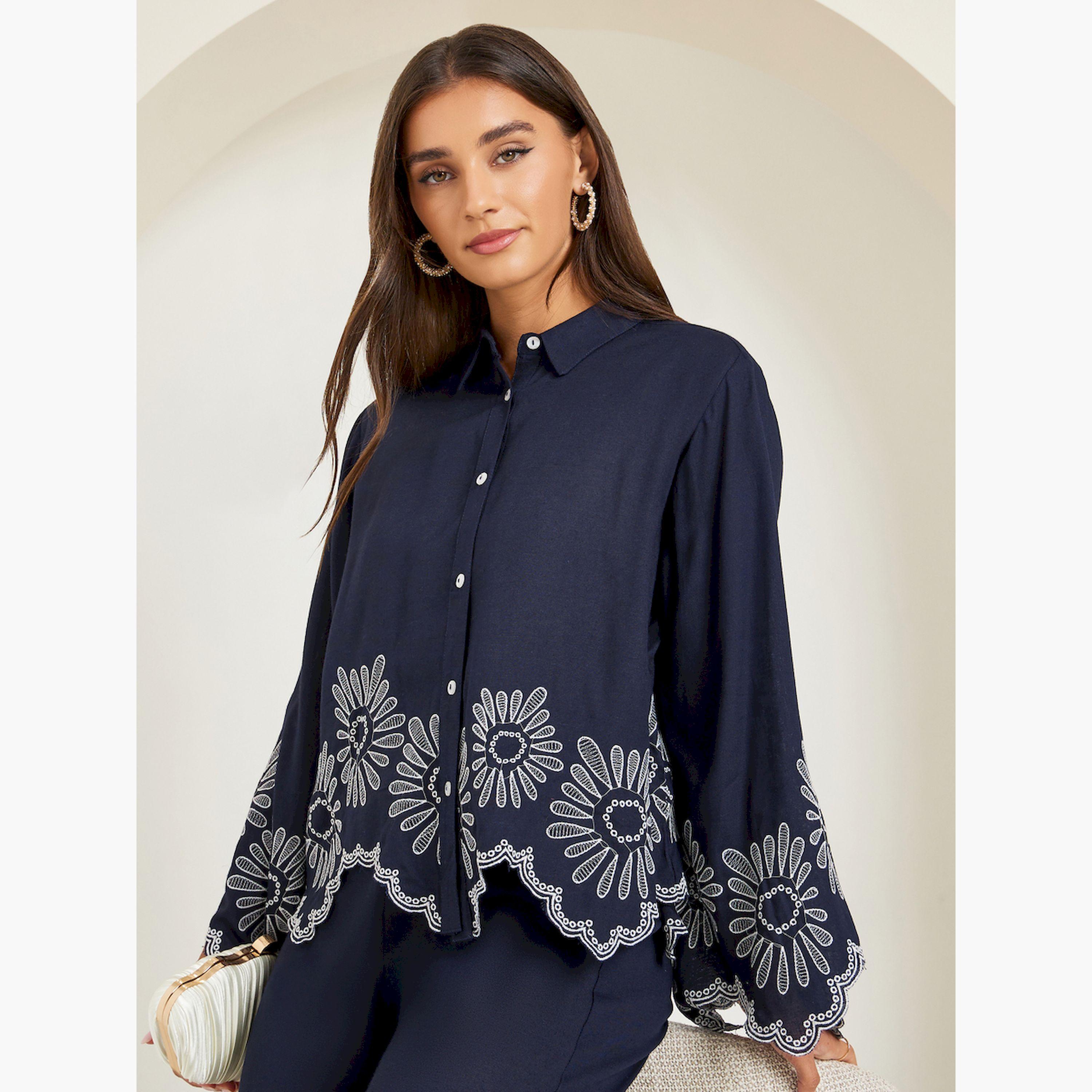 Styli Women Navy Blue Cropped Shirt with Crochet Detail-women-clothing-shirtsandblouses-blouses-image-3