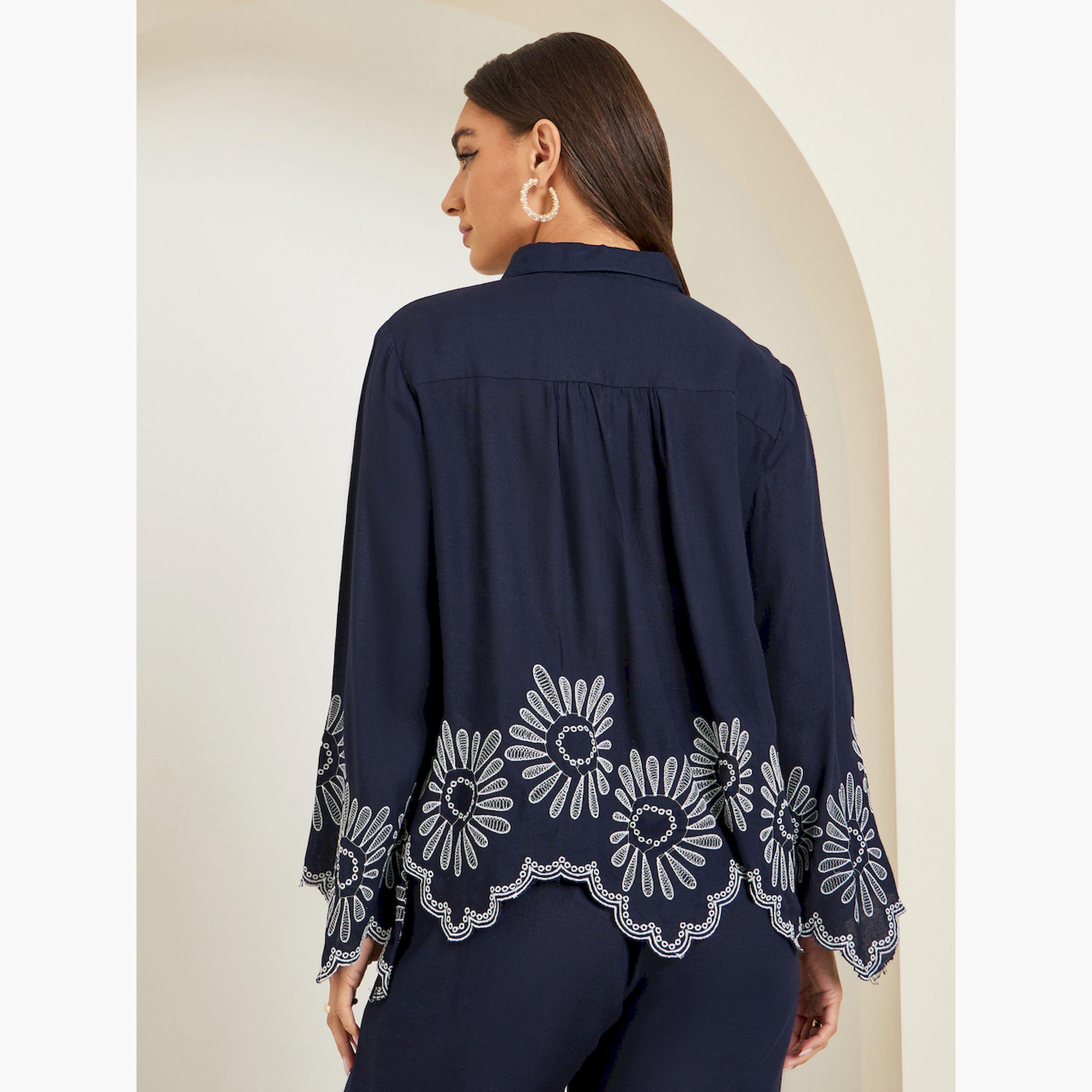 Styli Women Navy Blue Cropped Shirt with Crochet Detail-women-clothing-shirtsandblouses-blouses-image-4