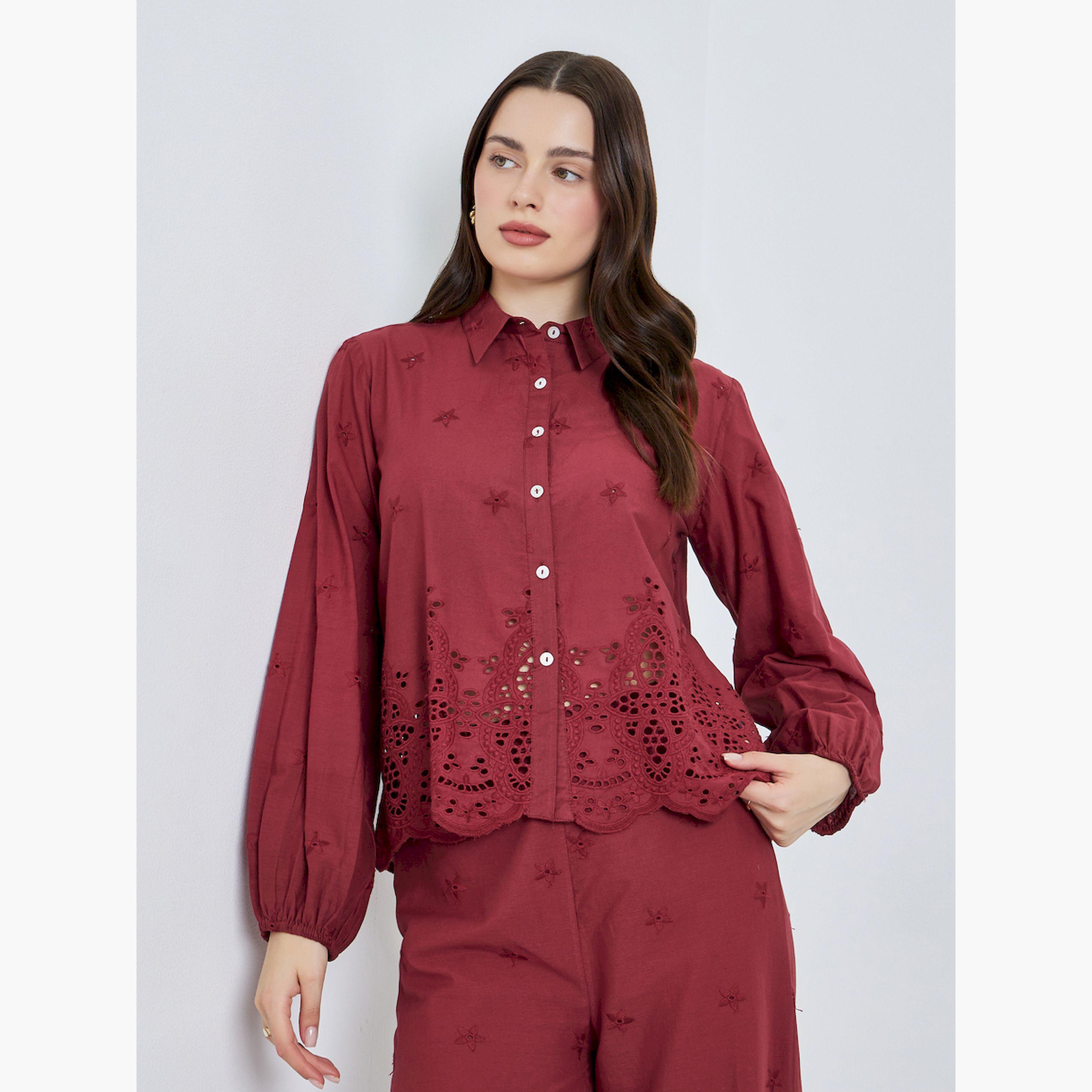 Styli Women Burgundy Schiffli Long Sleeve Shirt-women-clothing-shirtsandblouses-shirts-image-1