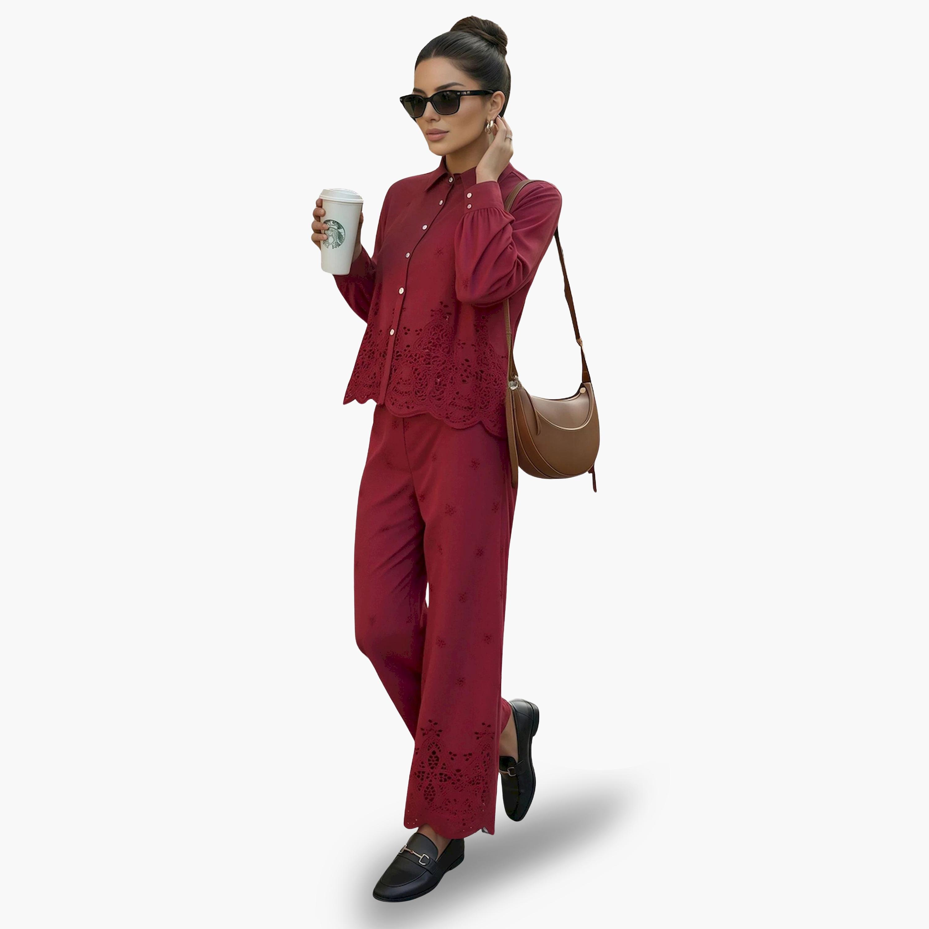Styli Women Burgundy Schiffli Long Sleeve Shirt-women-clothing-shirtsandblouses-shirts-image-2