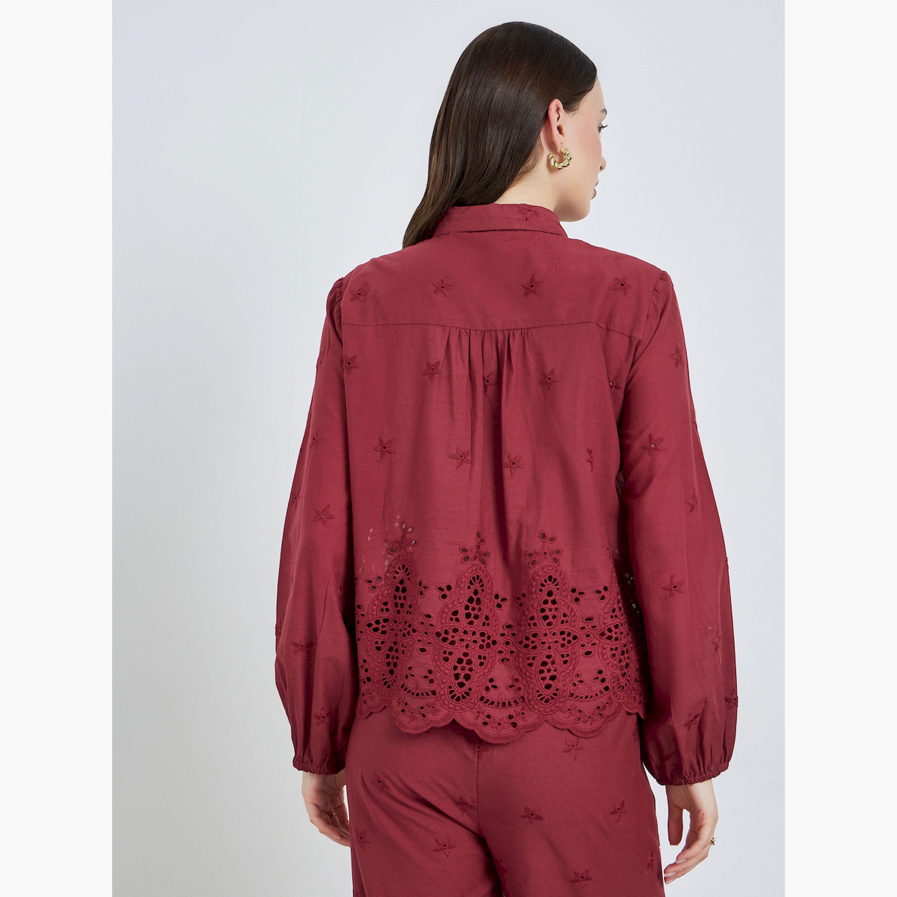 Styli Women Burgundy Schiffli Long Sleeve Shirt-women-clothing-shirtsandblouses-shirts-image-4