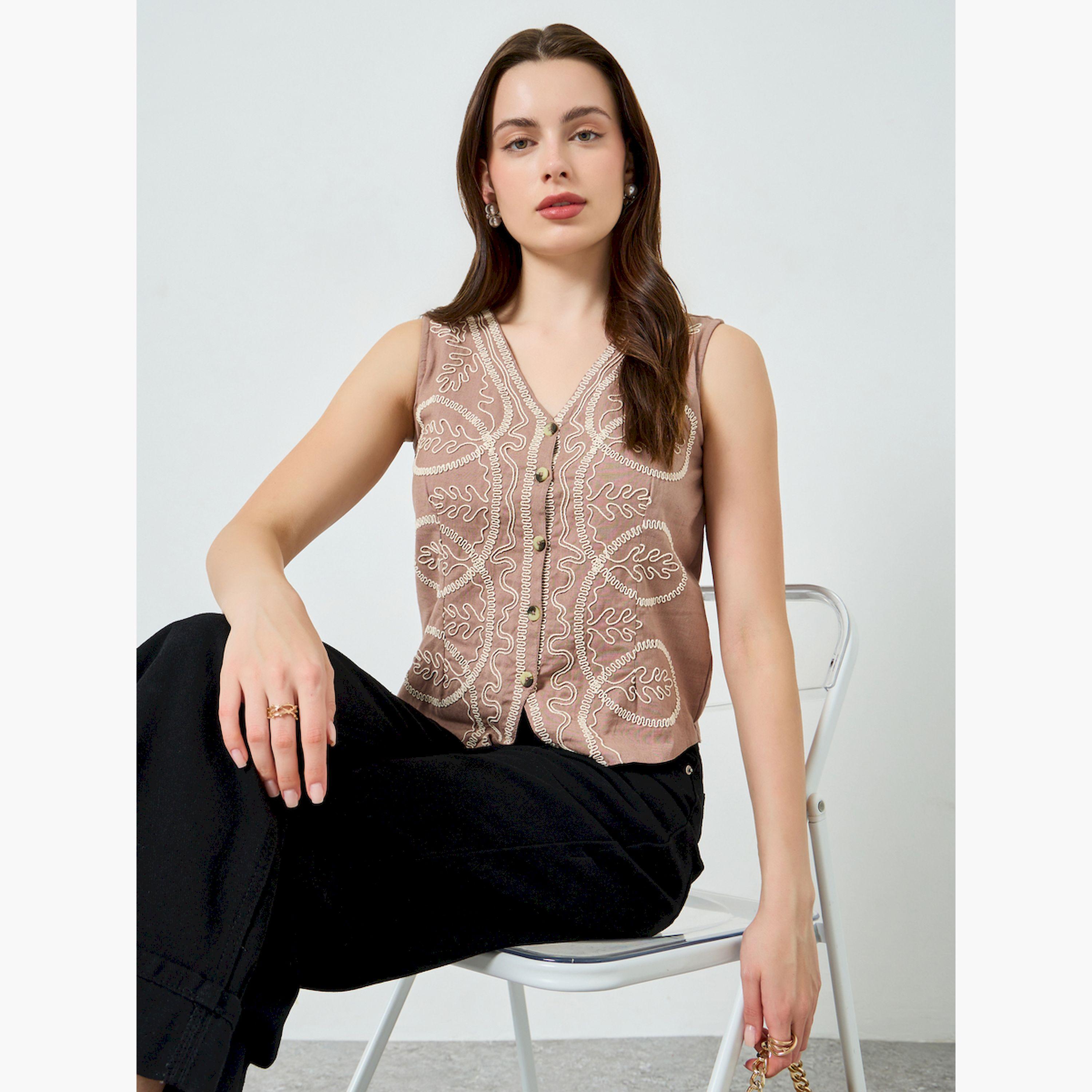 Styli Women Beige Dori Embroidered Waistcoat-women-clothing-shirtsandblouses-blouses-image-3