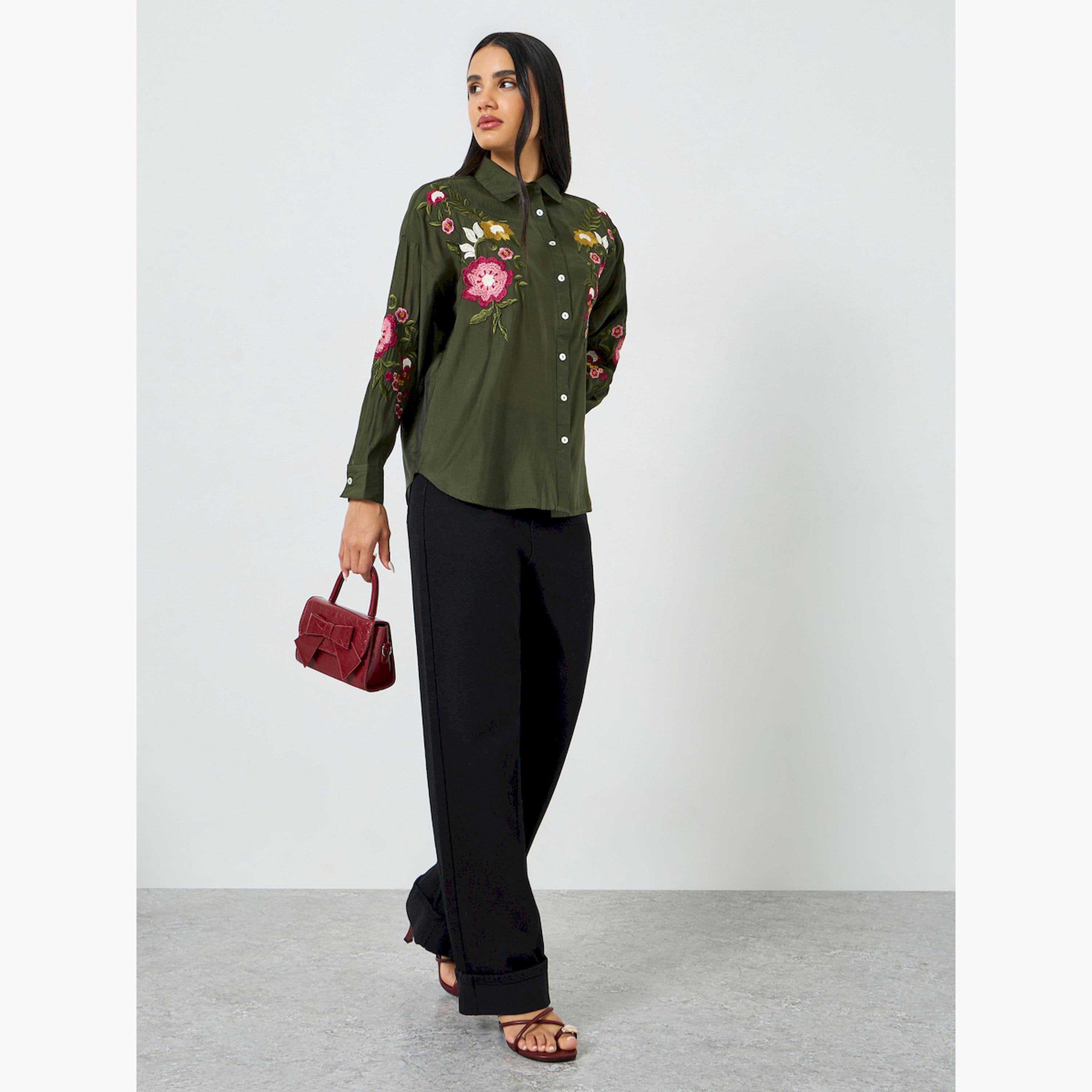 Styli Green Floral Embroidered Shirt-women-clothing-shirtsandblouses-shirts-image-2
