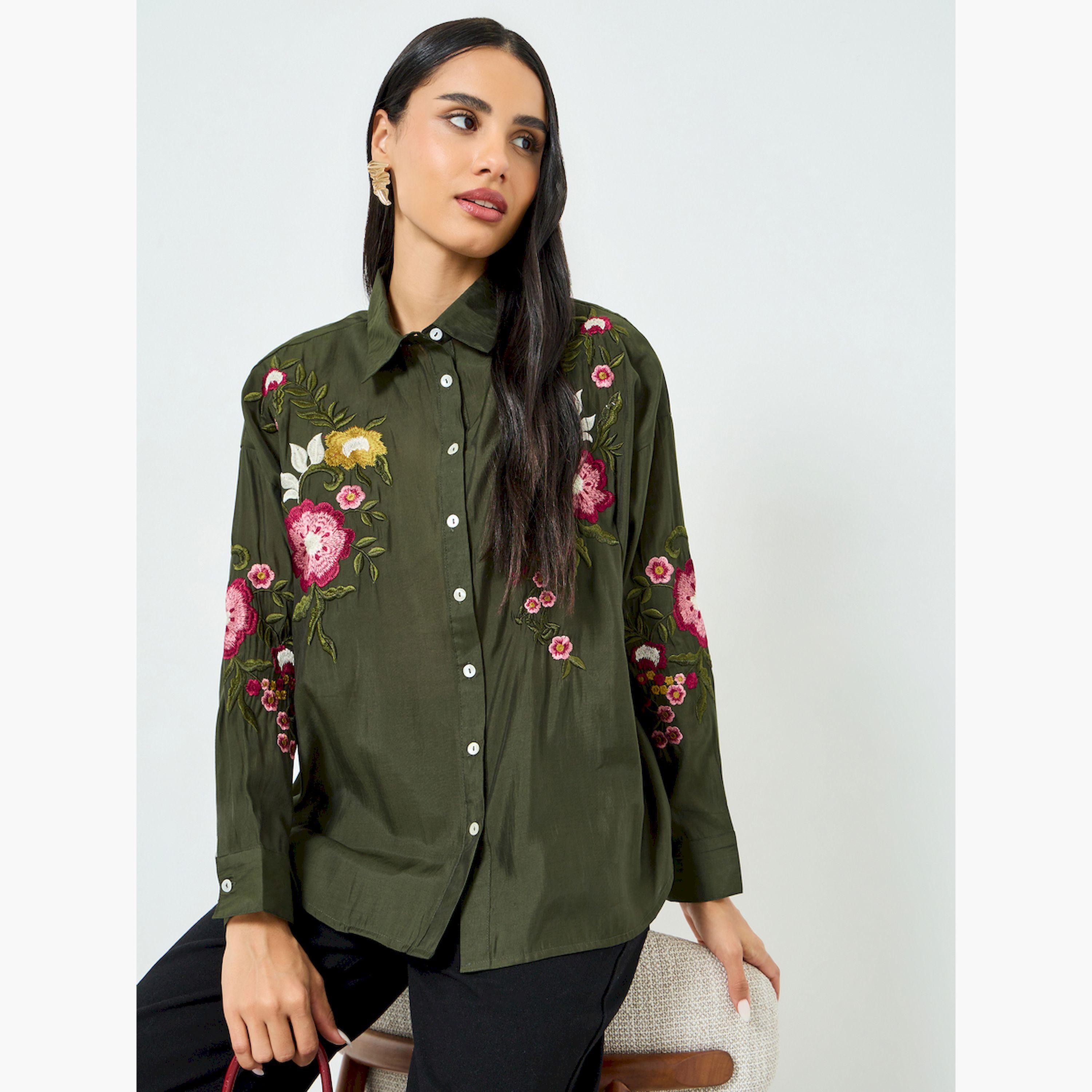Styli Green Floral Embroidered Shirt-women-clothing-shirtsandblouses-shirts-image-3