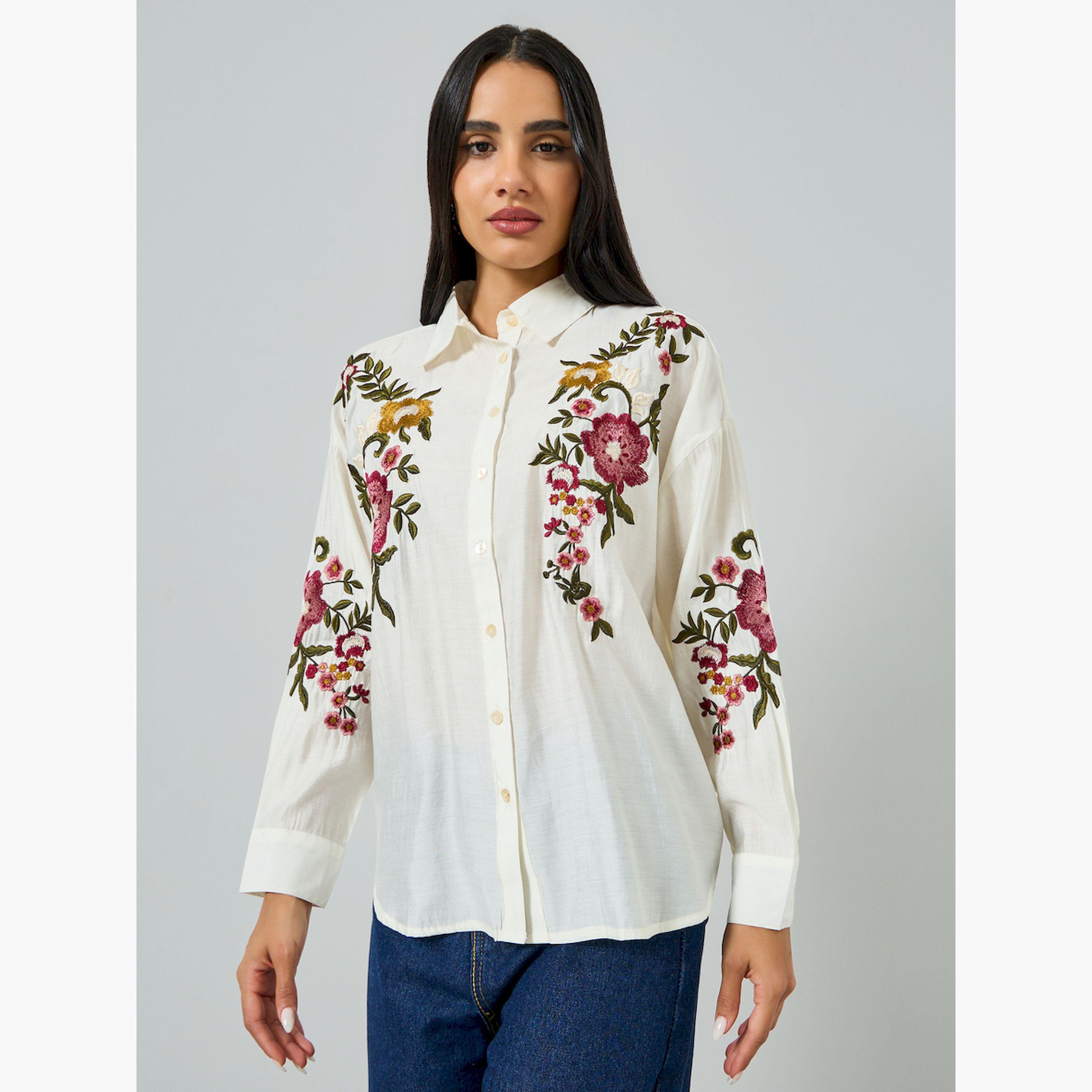Styli Off White Floral Embroidered Shirt-women-clothing-shirtsandblouses-shirts-image-1
