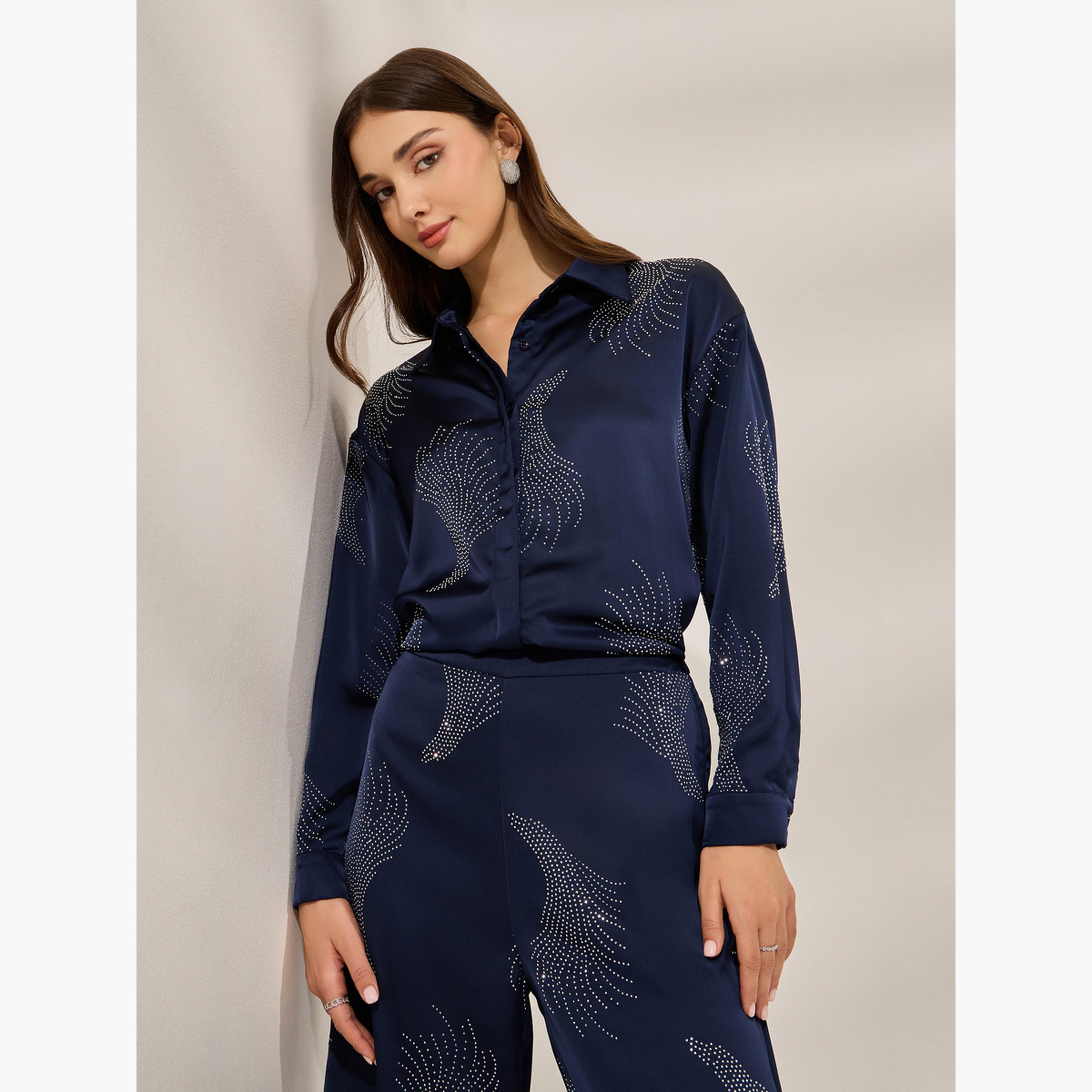 Styli Navy Blue Embellished Satin Shirt-women-clothing-shirtsandblouses-blouses-image-1