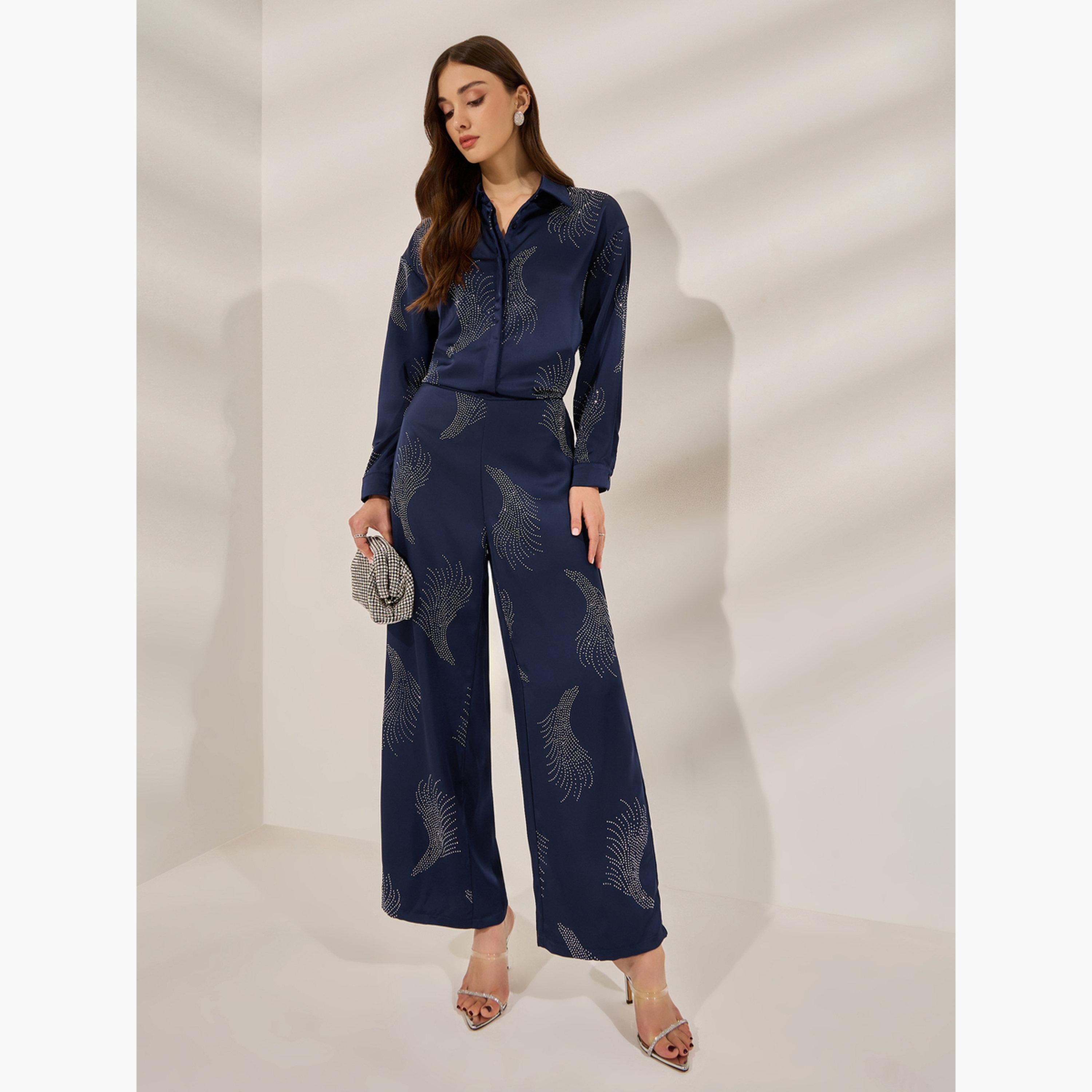 Styli Navy Blue Embellished Satin Shirt-women-clothing-shirtsandblouses-blouses-image-2