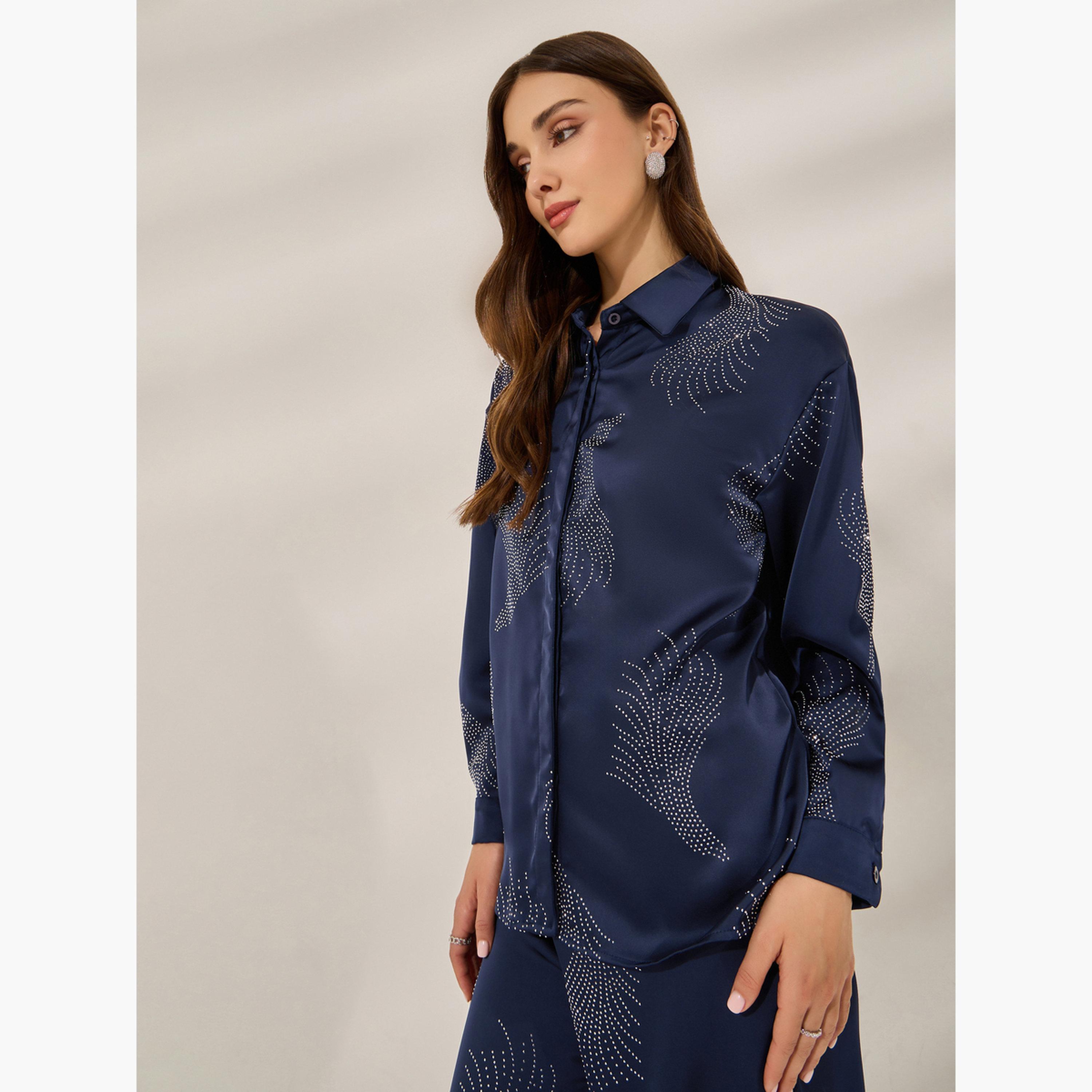 ستايلي - قميص ساتان مزخرف لون ازرق داكن-women-clothing-shirtsandblouses-blouses-image-3