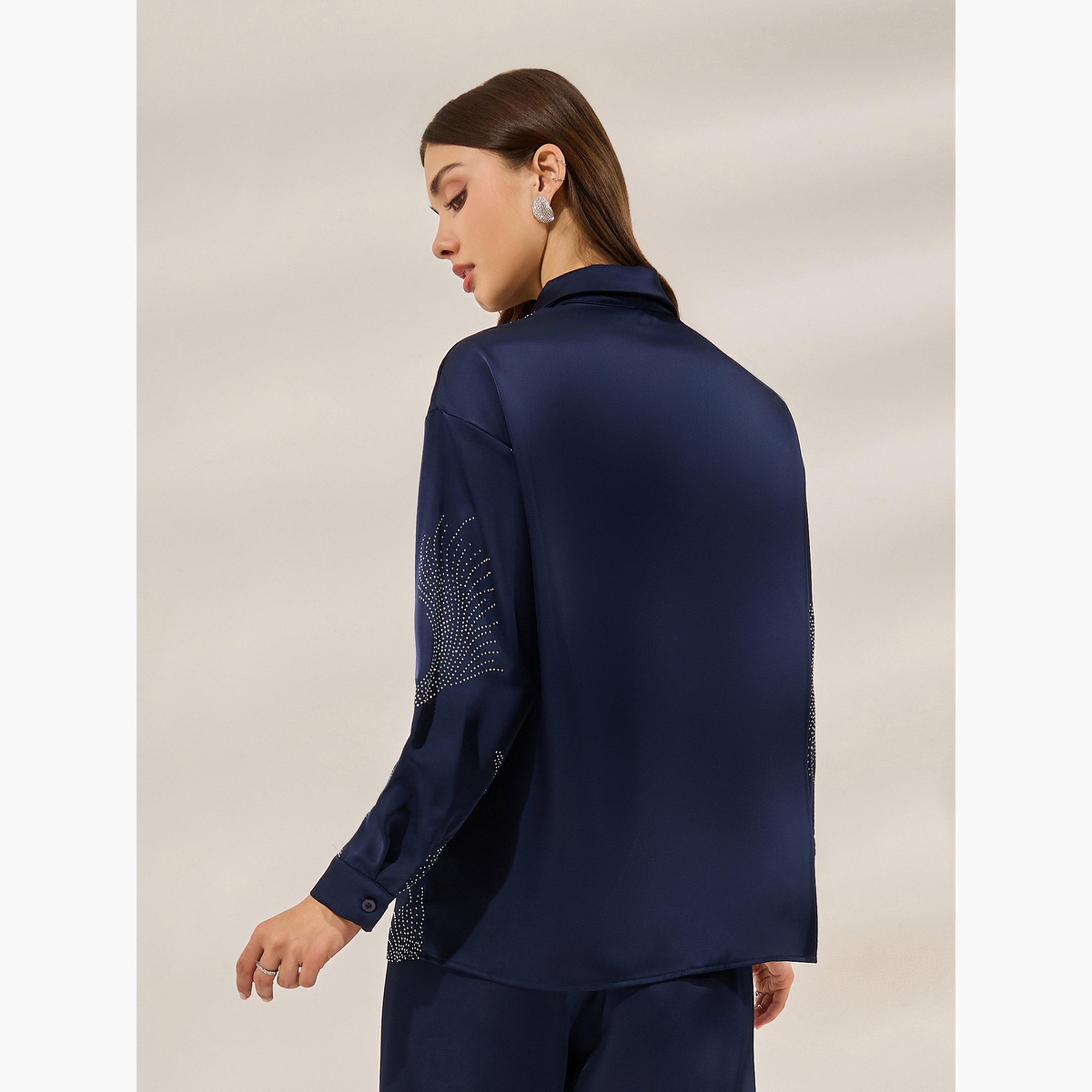 ستايلي - قميص ساتان مزخرف لون ازرق داكن-women-clothing-shirtsandblouses-blouses-image-4