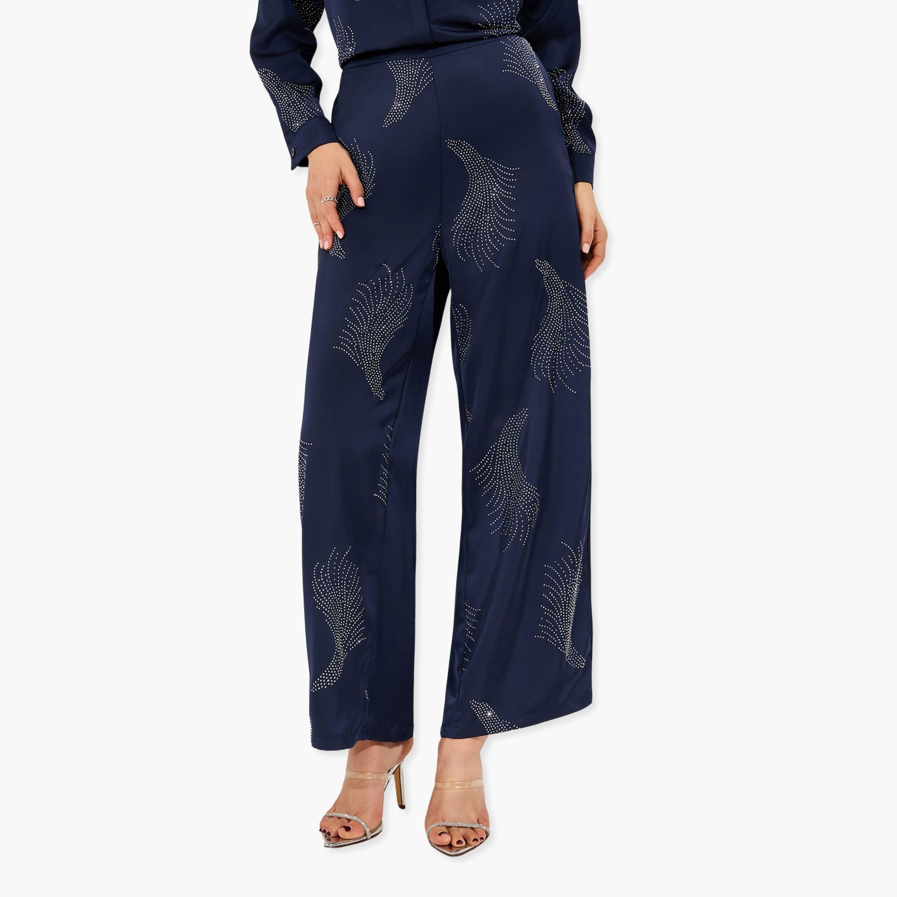 Styli Navy Blue Embellished Wide Leg Trousers-women-clothing-bottoms-trousers-image-1