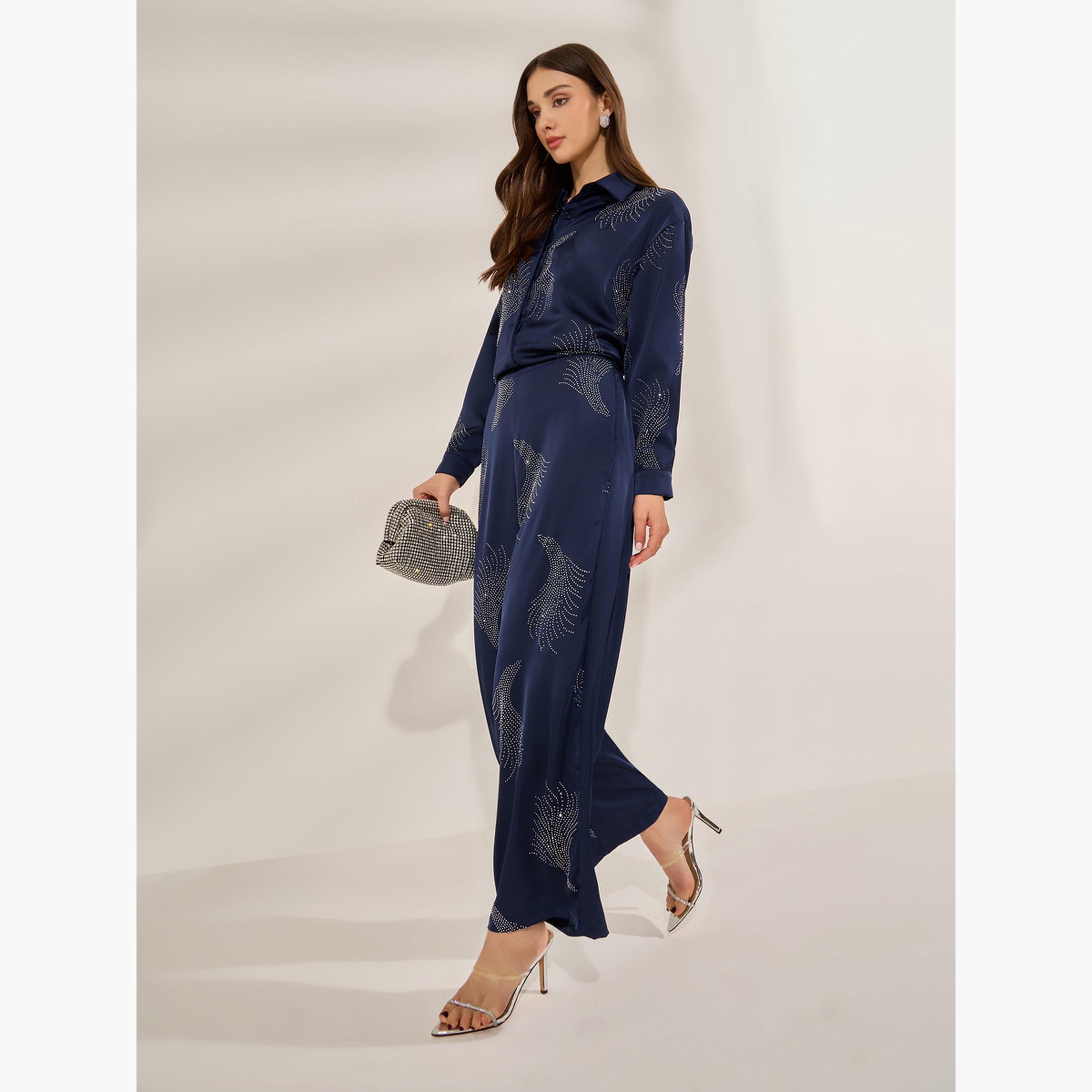 Styli Navy Blue Embellished Wide Leg Trousers-women-clothing-bottoms-trousers-image-2
