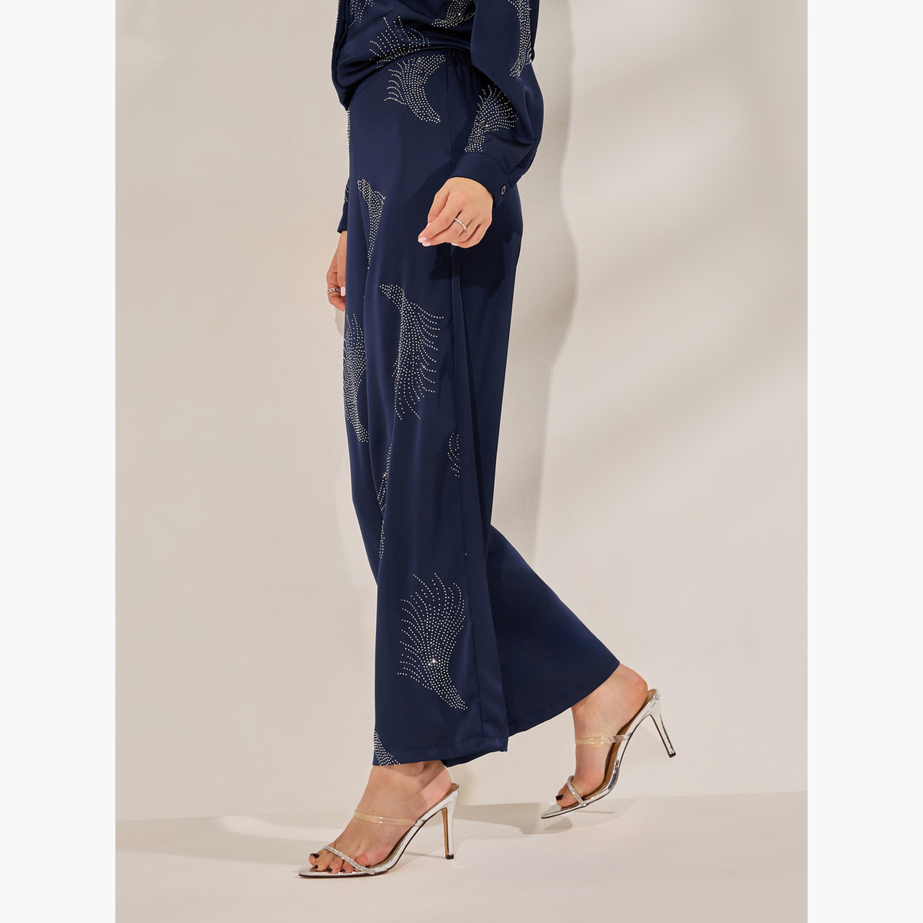 Styli Navy Blue Embellished Wide Leg Trousers-women-clothing-bottoms-trousers-image-3