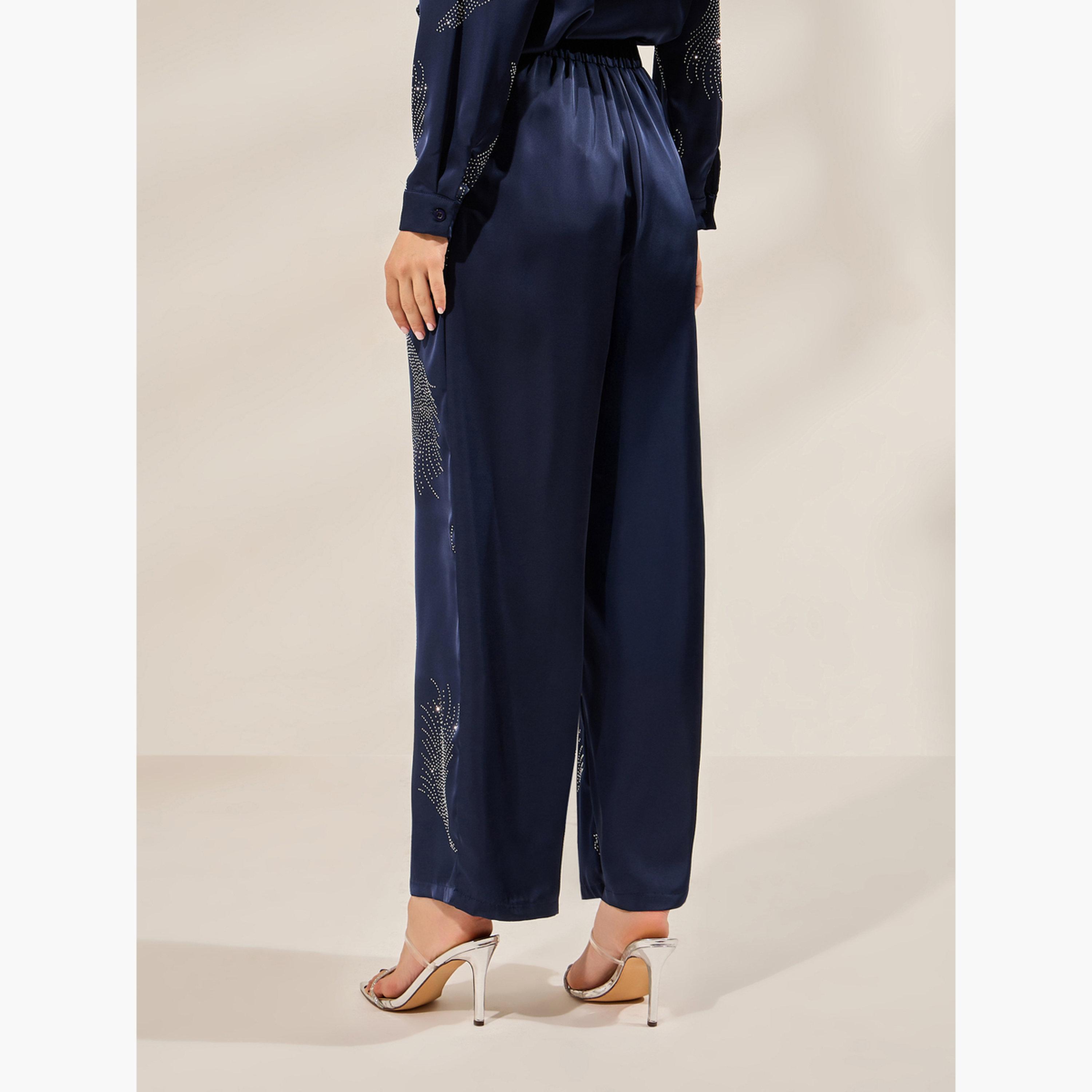 Styli Navy Blue Embellished Wide Leg Trousers-women-clothing-bottoms-trousers-image-5
