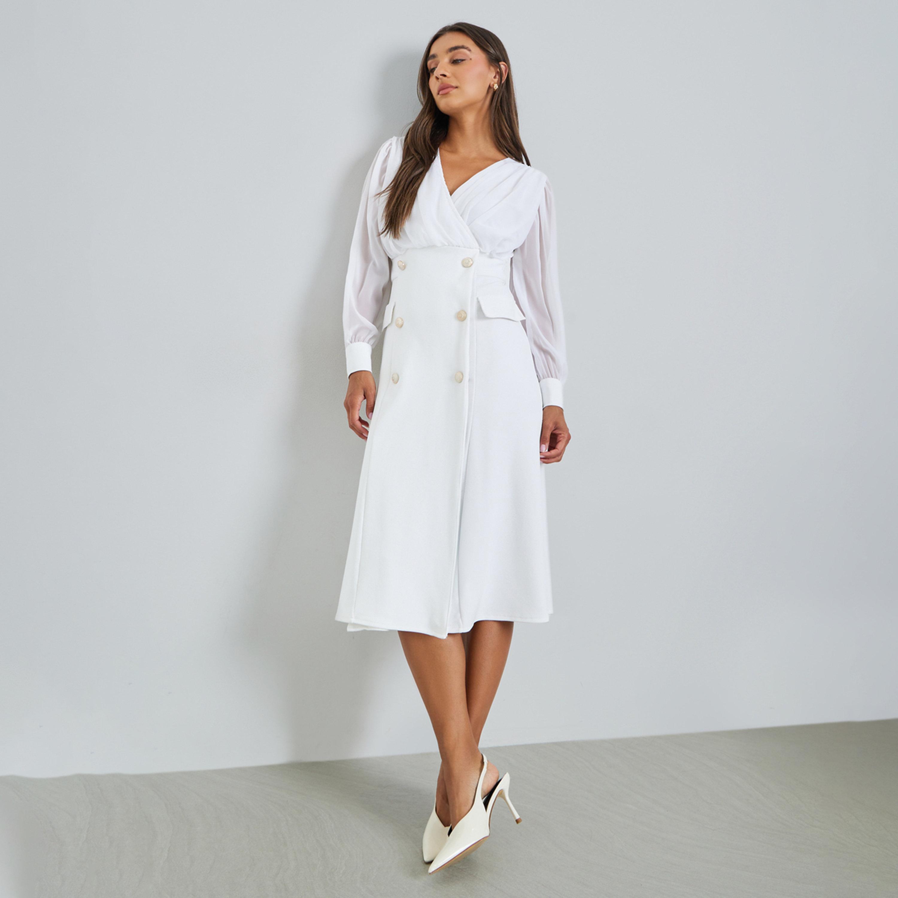 فستان ميدي بتصميم بليزر وأكمام طويلة لون أبيض-women-clothing-dresses-image-1