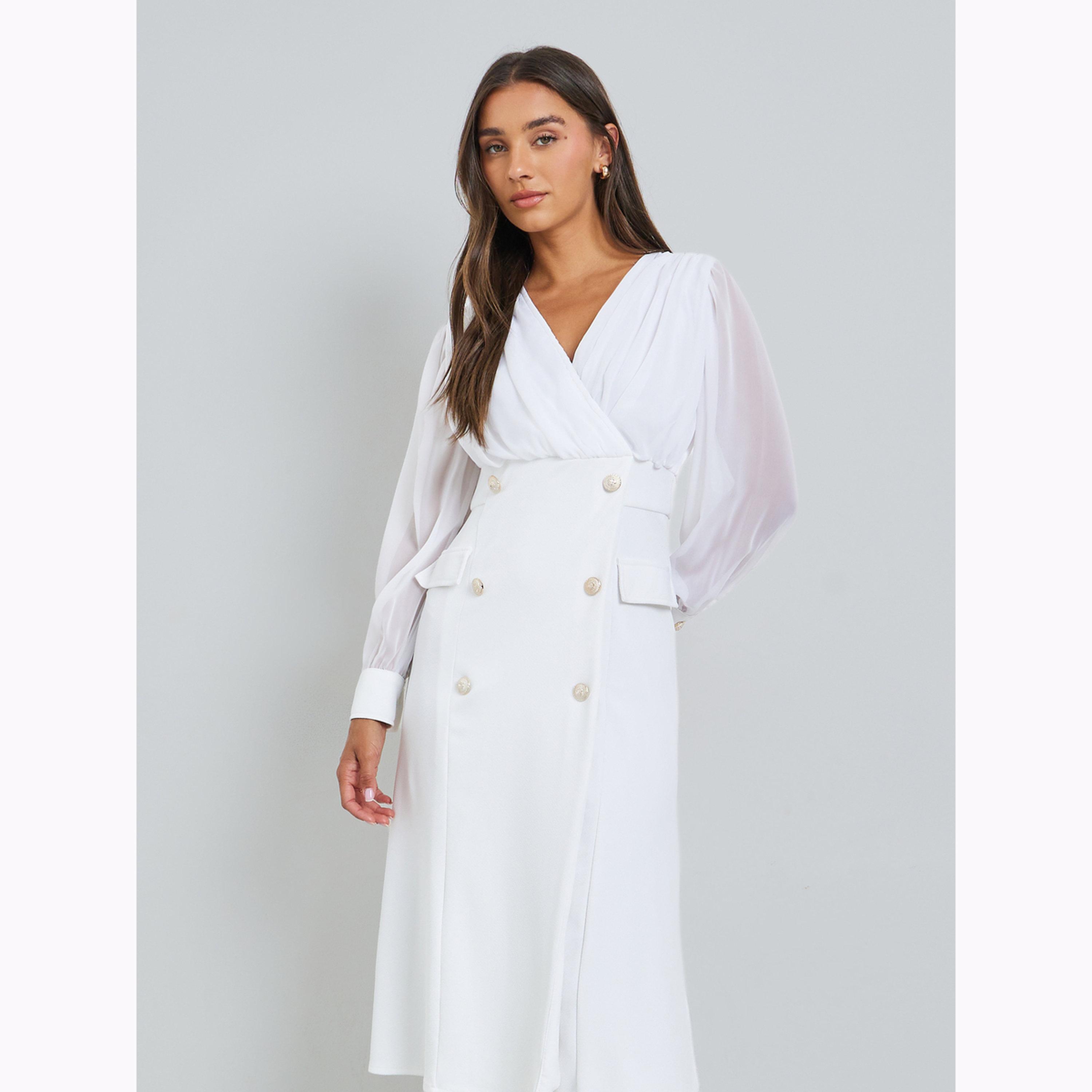 فستان ميدي بتصميم بليزر وأكمام طويلة لون أبيض-women-clothing-dresses-image-2