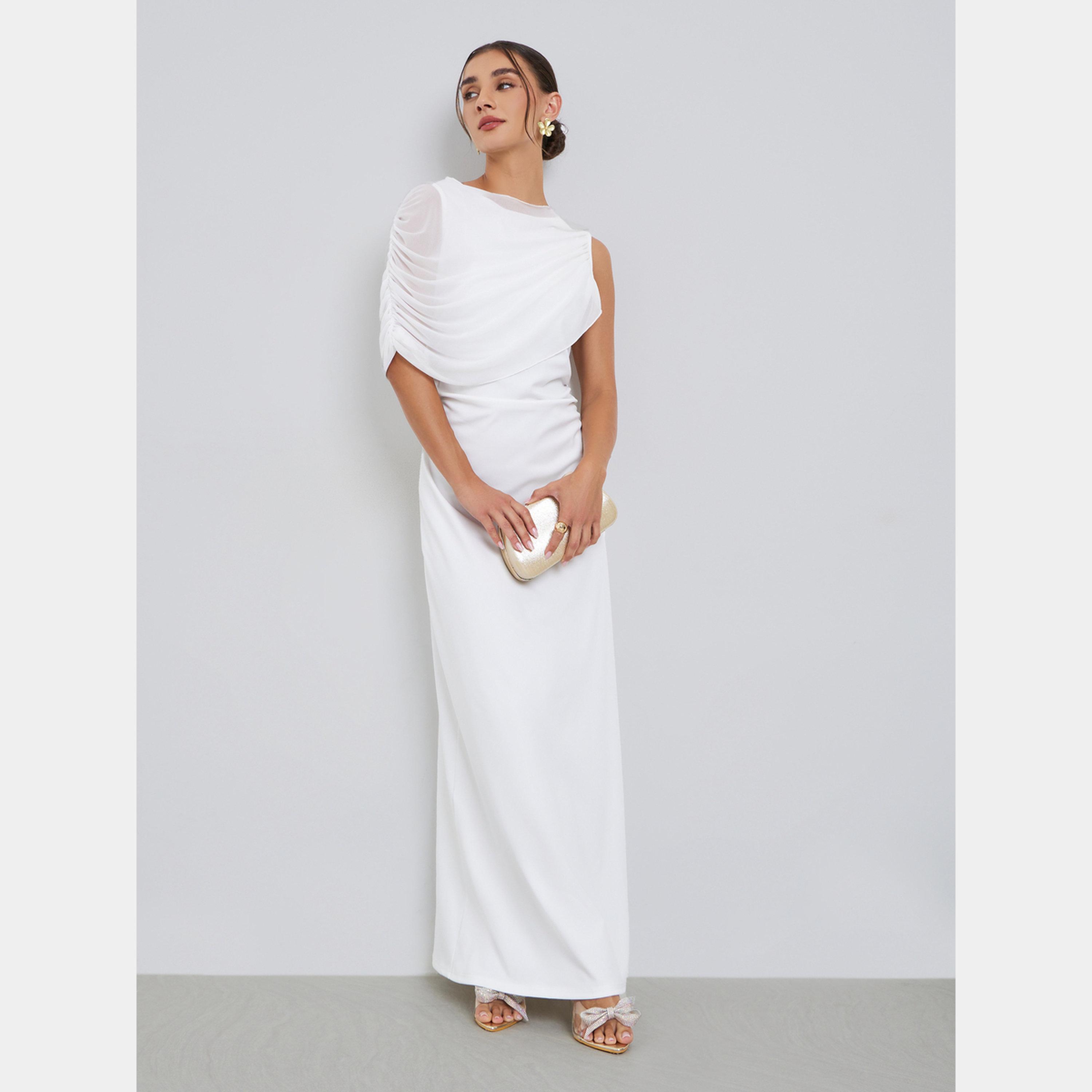 Styli White Solid Ruched One-Shoulder Women's Maxi Dress-women-clothing-dresses-image-1