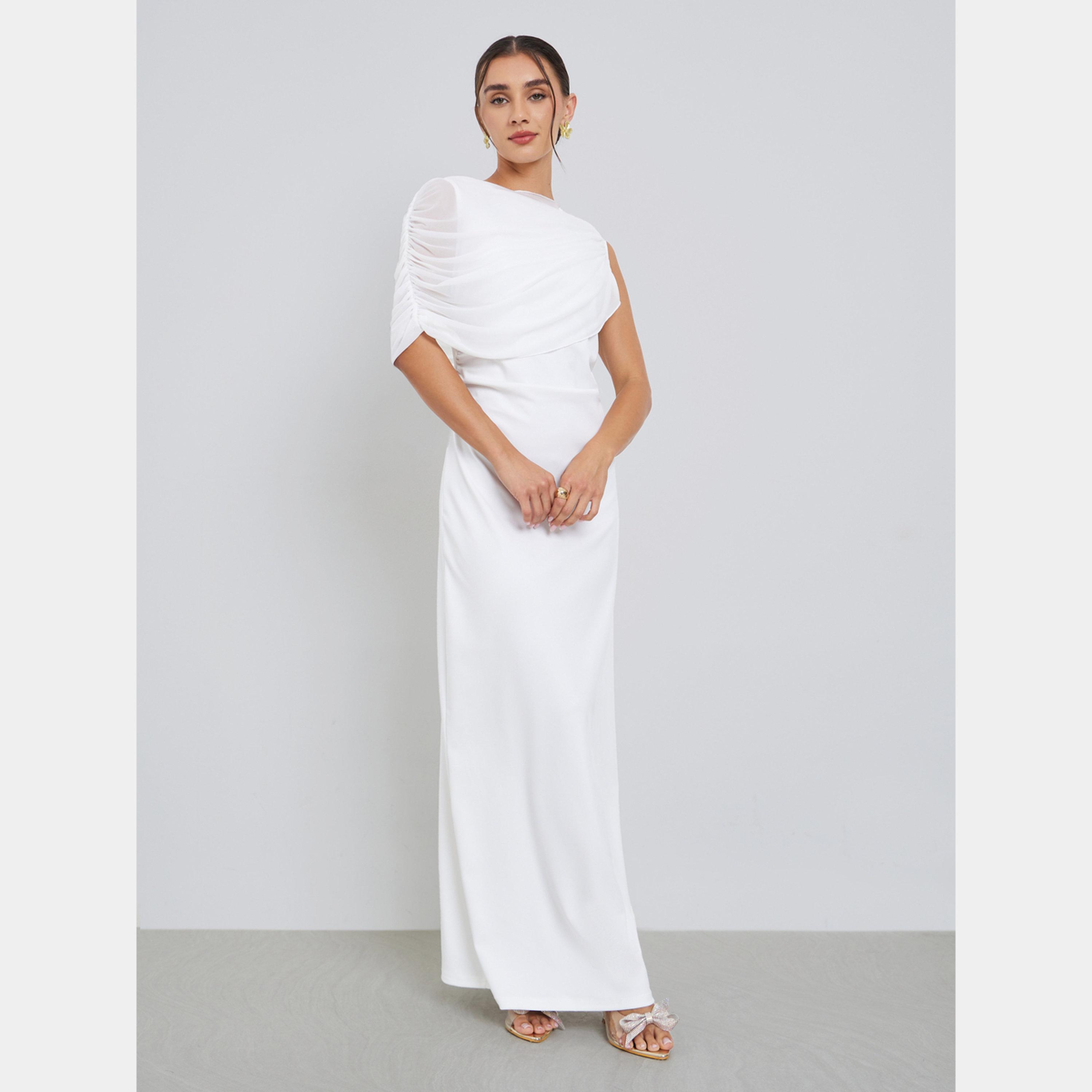 Styli White Solid Ruched One-Shoulder Women's Maxi Dress-women-clothing-dresses-image-2