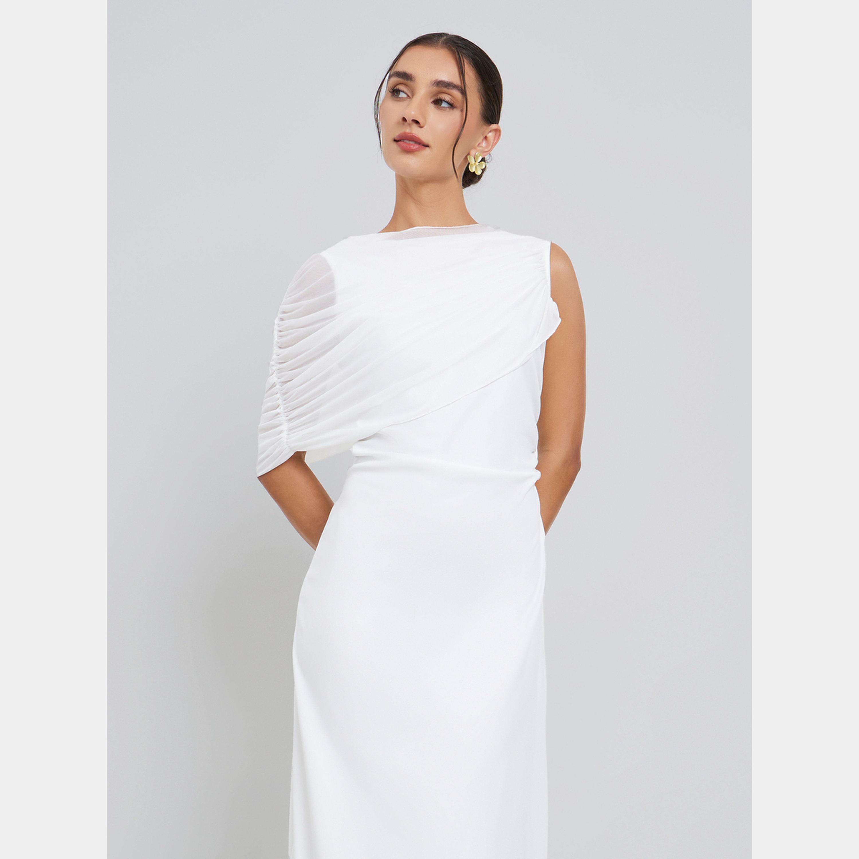 Styli White Solid Ruched One-Shoulder Women's Maxi Dress-women-clothing-dresses-image-3