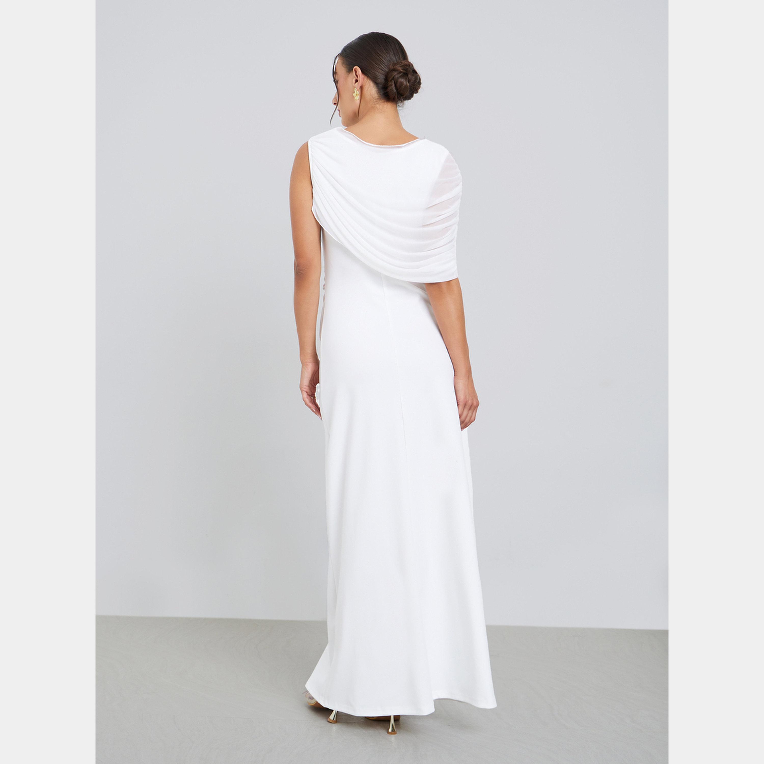 ستايلي - فستان ماكسي أبيض سادة مكشكشة بكتف واحد للنساء-women-clothing-dresses-image-5