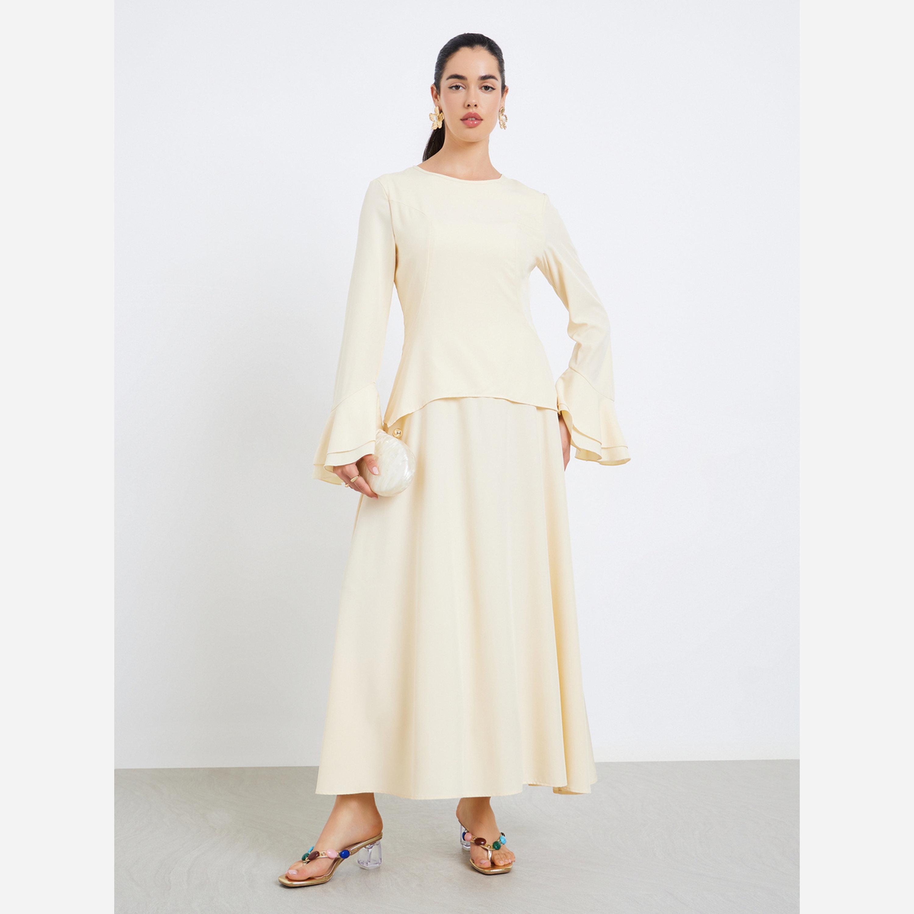 Styli Women Beige Solid A-Line Maxi Dress-women-clothing-dresses-image-1