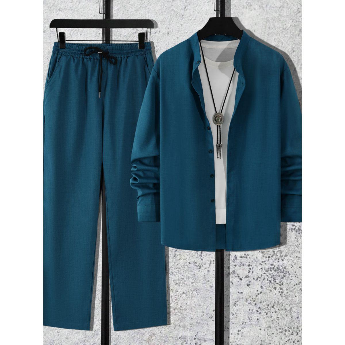Take Two Men Teal Stand Collar Shirt and Pants Co-Ords-men-clothing-coordsets-image-1