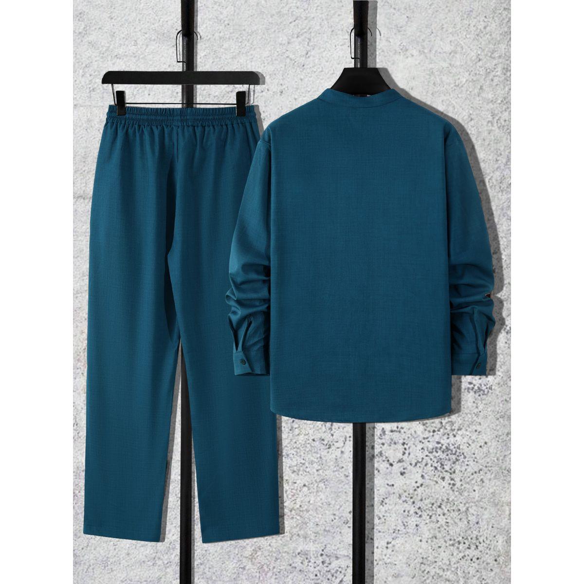 تيك تو - قميص وبنطال رجالي باللون الأزرق المخضر بياقة قائمة-men-clothing-coordsets-image-2