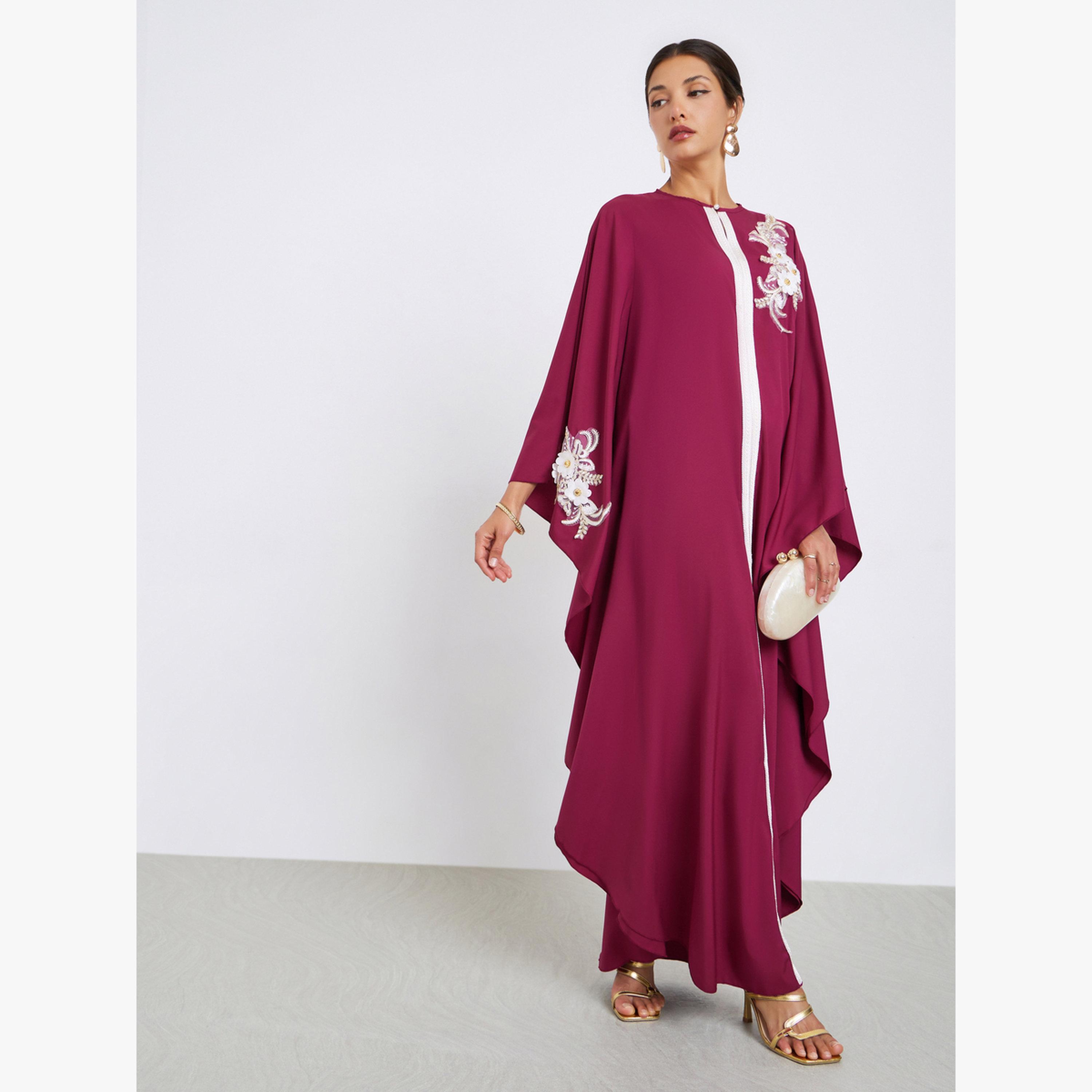 Styli Women Maroon Kaftan with Floral Embroidery Detail-women-arabicclothing-kaftan-image-1