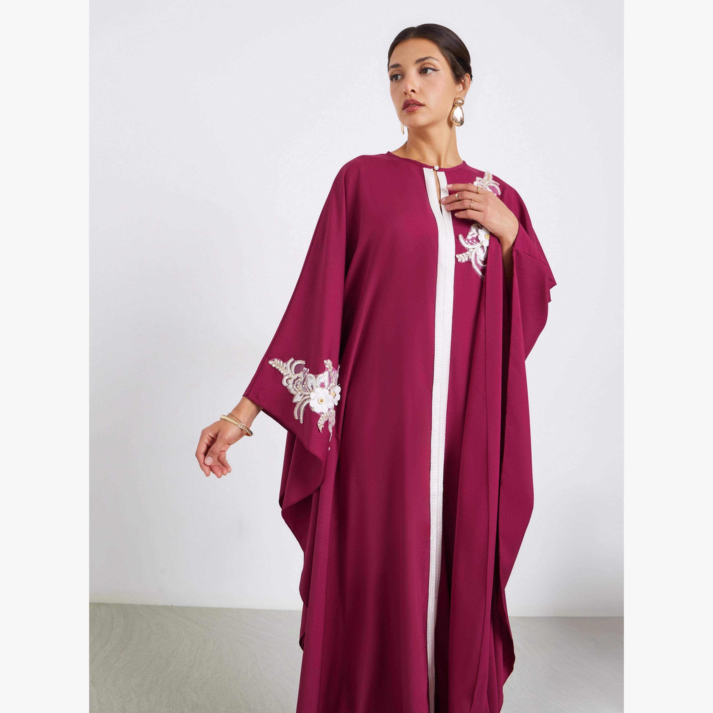 Styli Women Maroon Kaftan with Floral Embroidery Detail-women-arabicclothing-kaftan-image-2