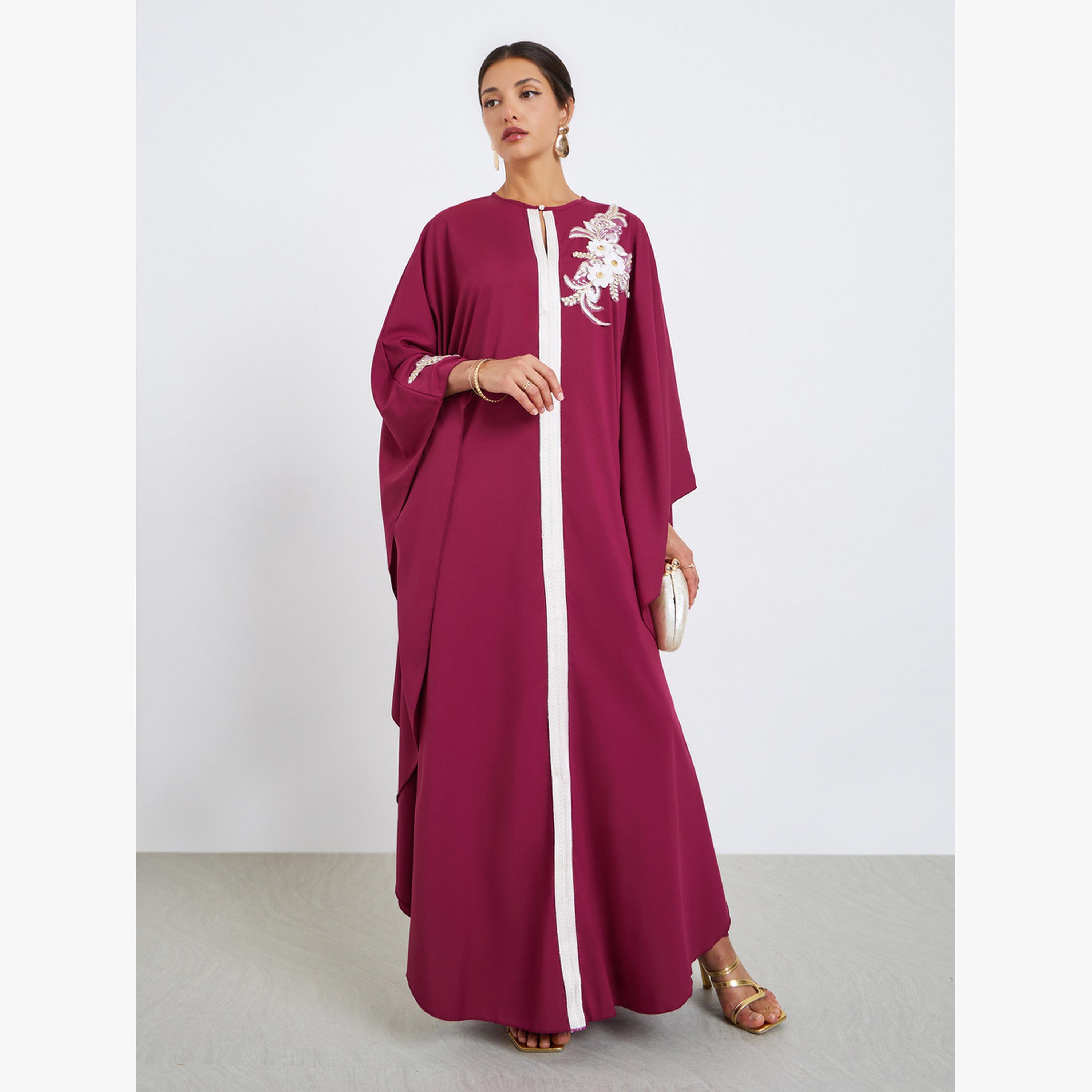 Styli Women Maroon Kaftan with Floral Embroidery Detail-women-arabicclothing-kaftan-image-3