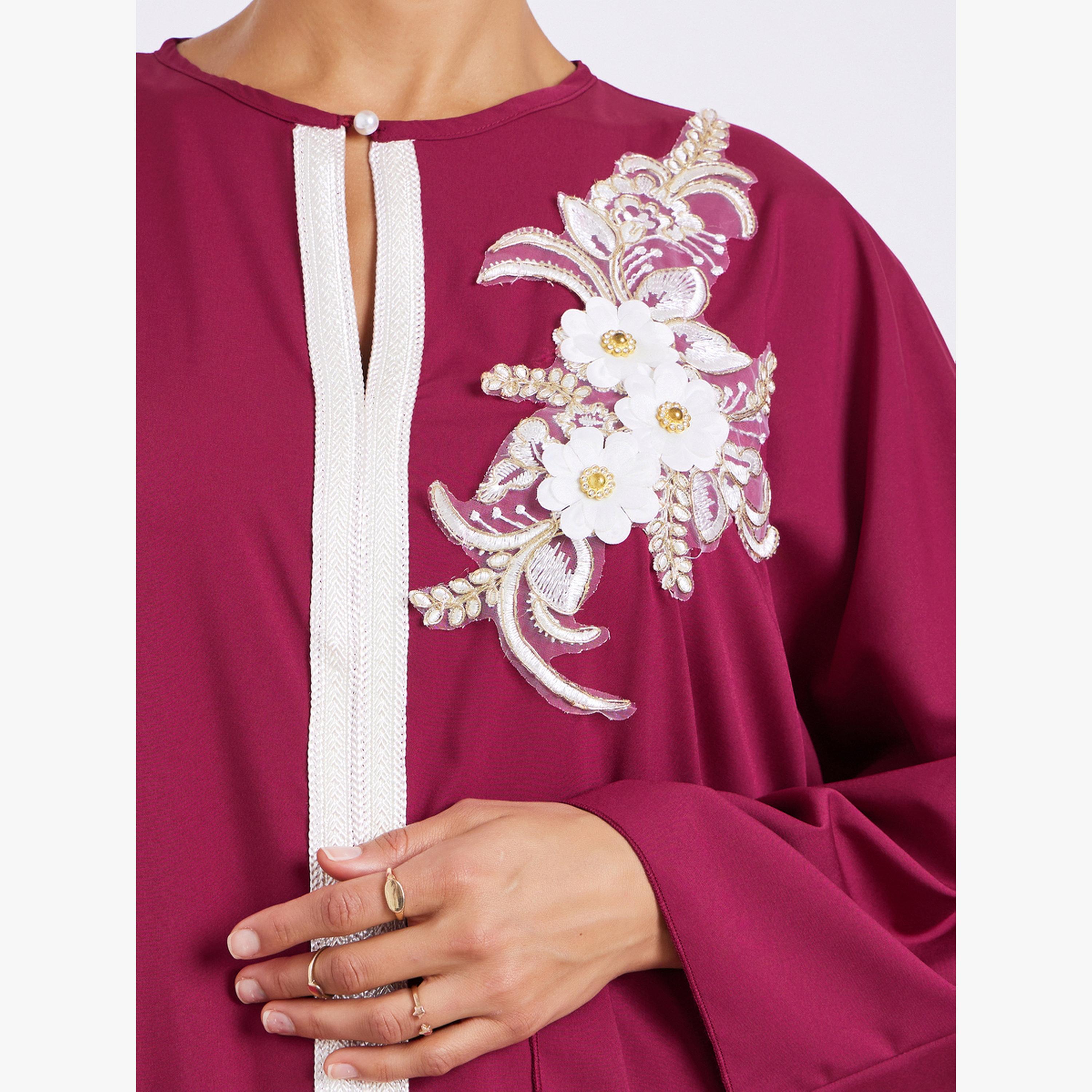 Styli Women Maroon Kaftan with Floral Embroidery Detail-women-arabicclothing-kaftan-image-4