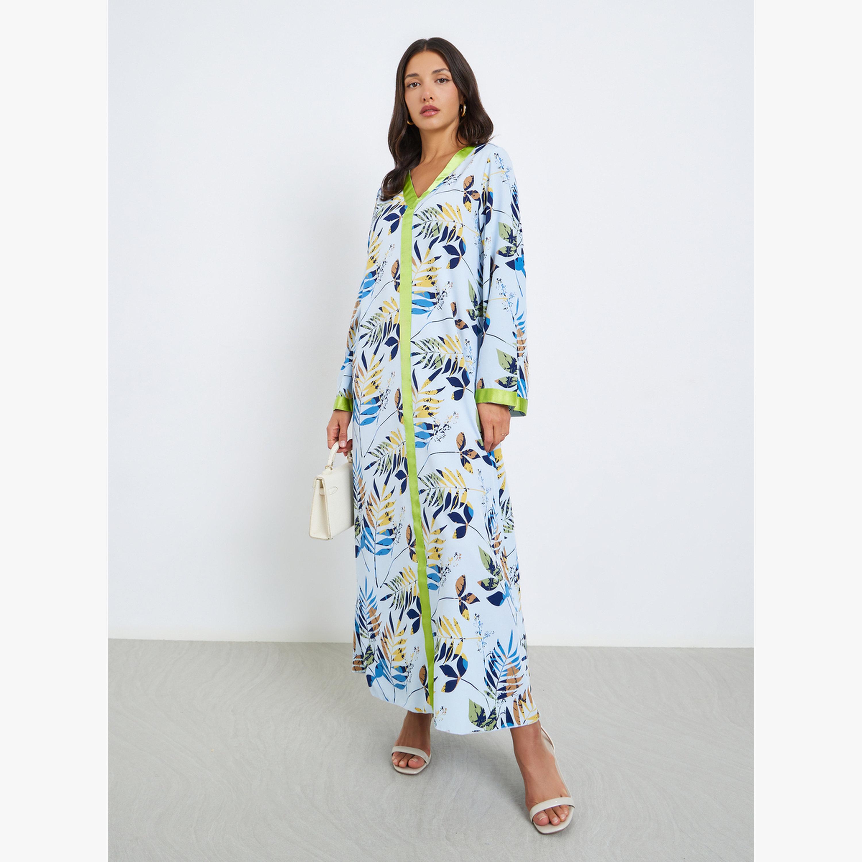 جلابية بطبعة زهور وتفاصيل حافة متباينة-women-arabicclothing-jalabiyas-image-1