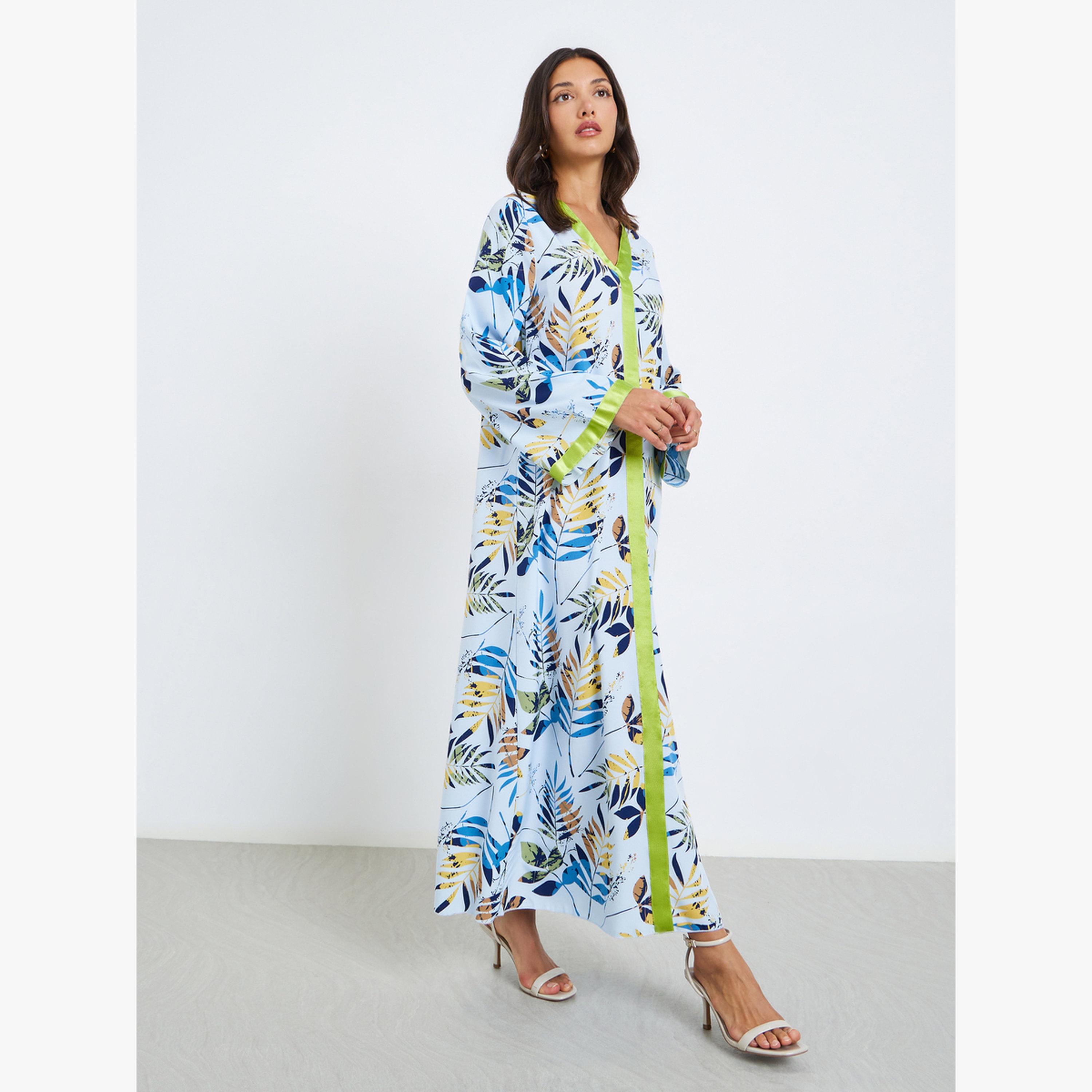 جلابية بطبعة زهور وتفاصيل حافة متباينة-women-arabicclothing-jalabiyas-image-2