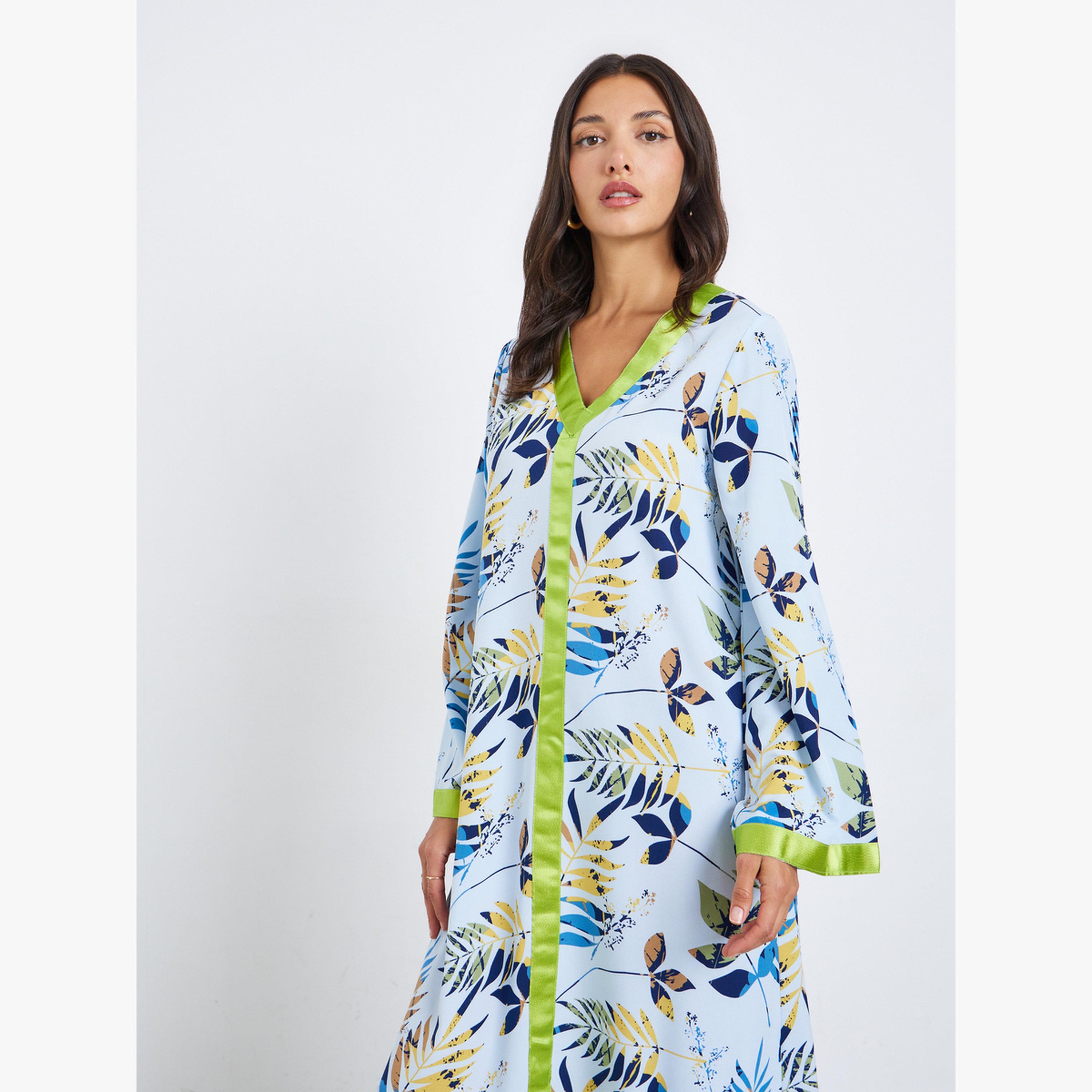 جلابية بطبعة زهور وتفاصيل حافة متباينة-women-arabicclothing-jalabiyas-image-3