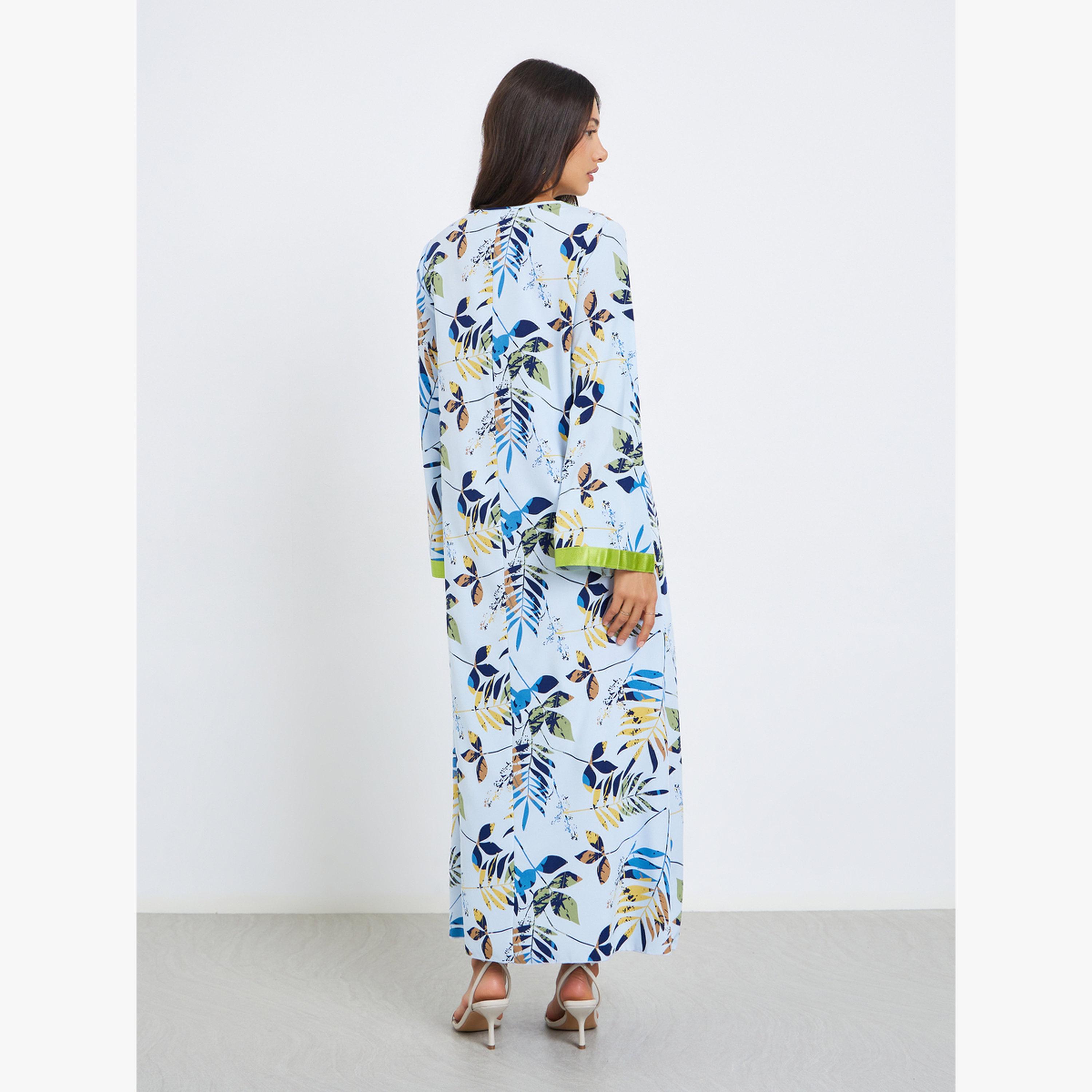 جلابية بطبعة زهور وتفاصيل حافة متباينة-women-arabicclothing-jalabiyas-image-5