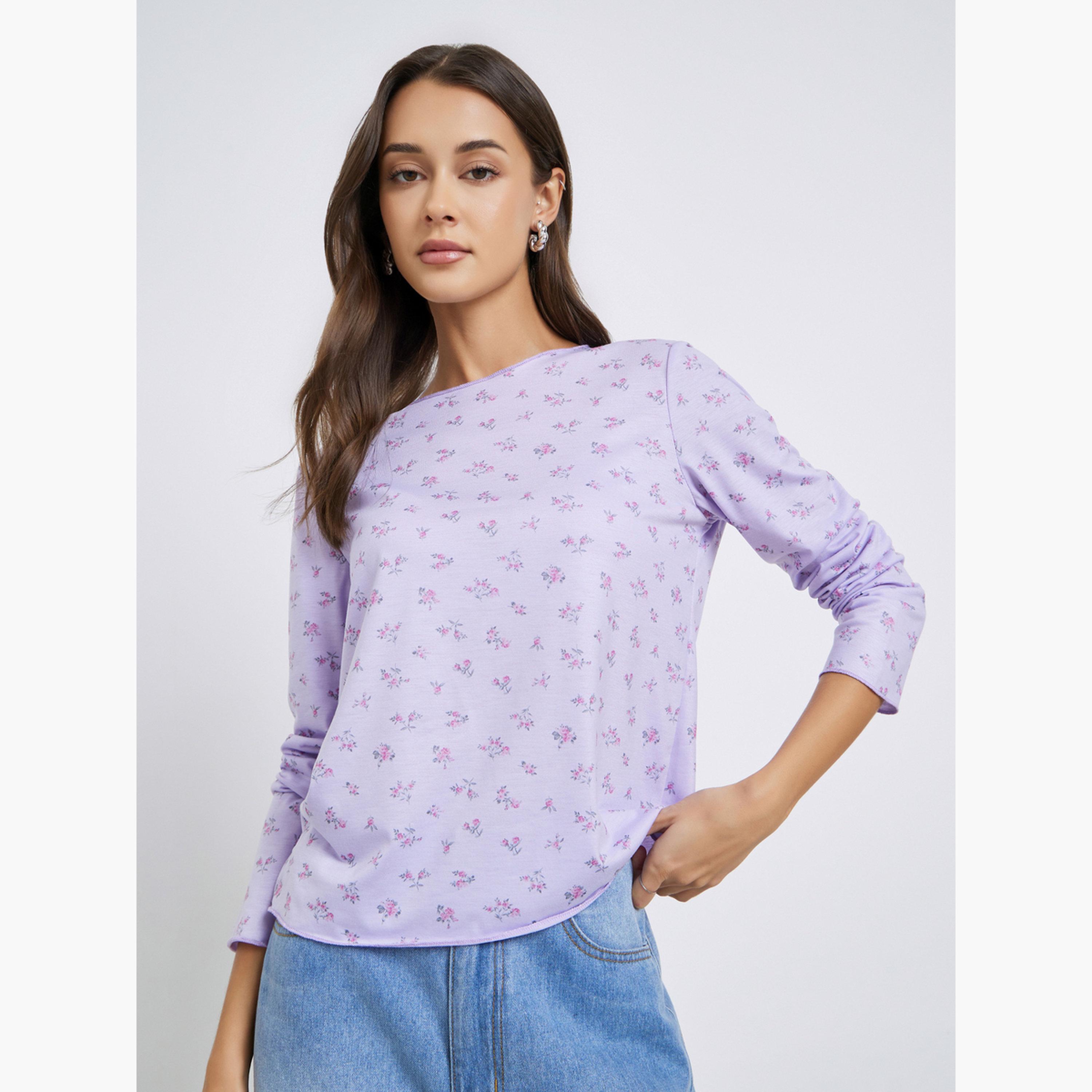 Styli Purple Floral Print Long Sleeve T-Shirt-women-clothing-tshirts-image-1