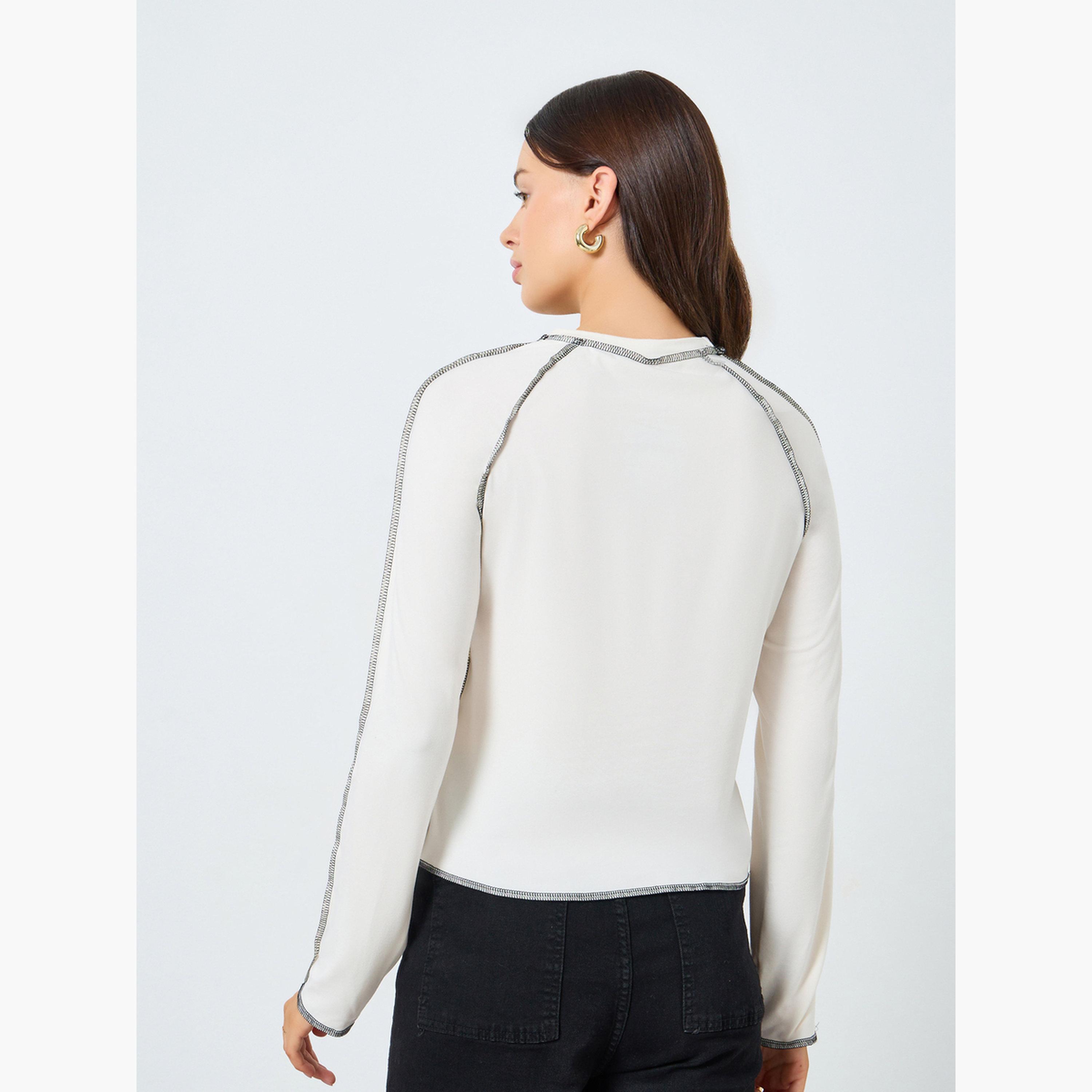 Styli Beige Slogan Long Sleeve T-Shirt with Stitch Detail-women-clothing-tshirts-image-4