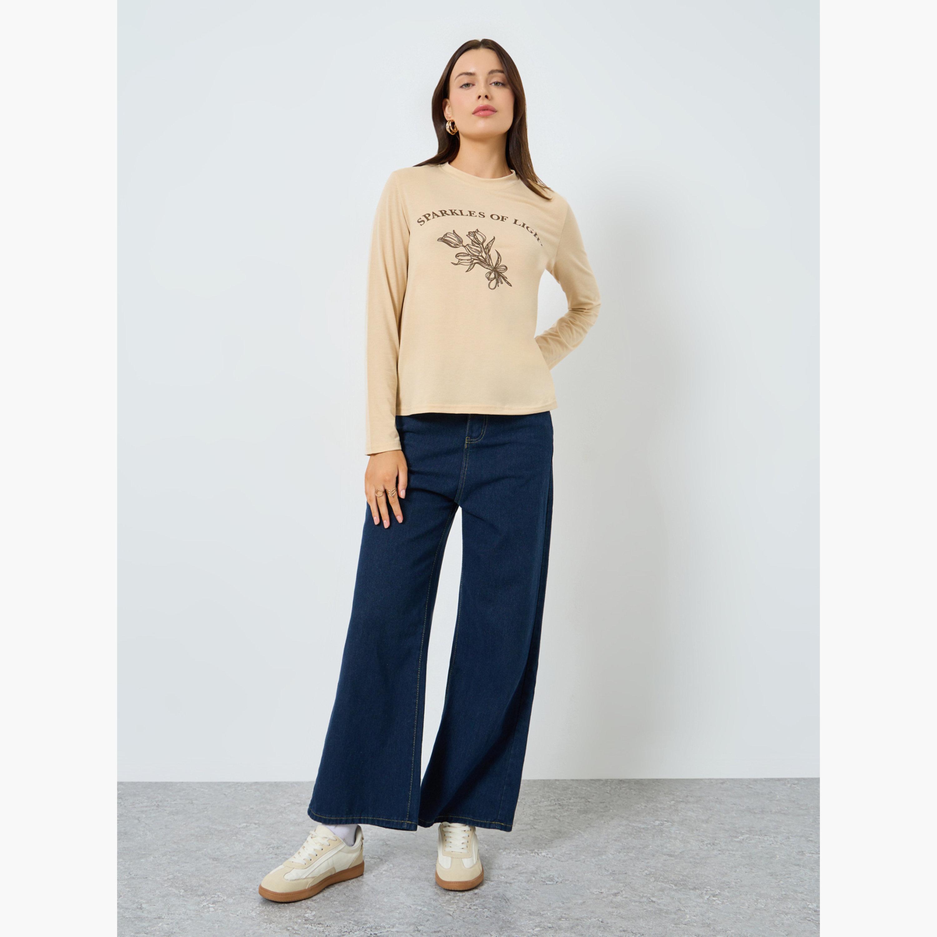 Styli Beige Graphic Print Long Sleeve T-Shirt-women-clothing-tshirts-image-2