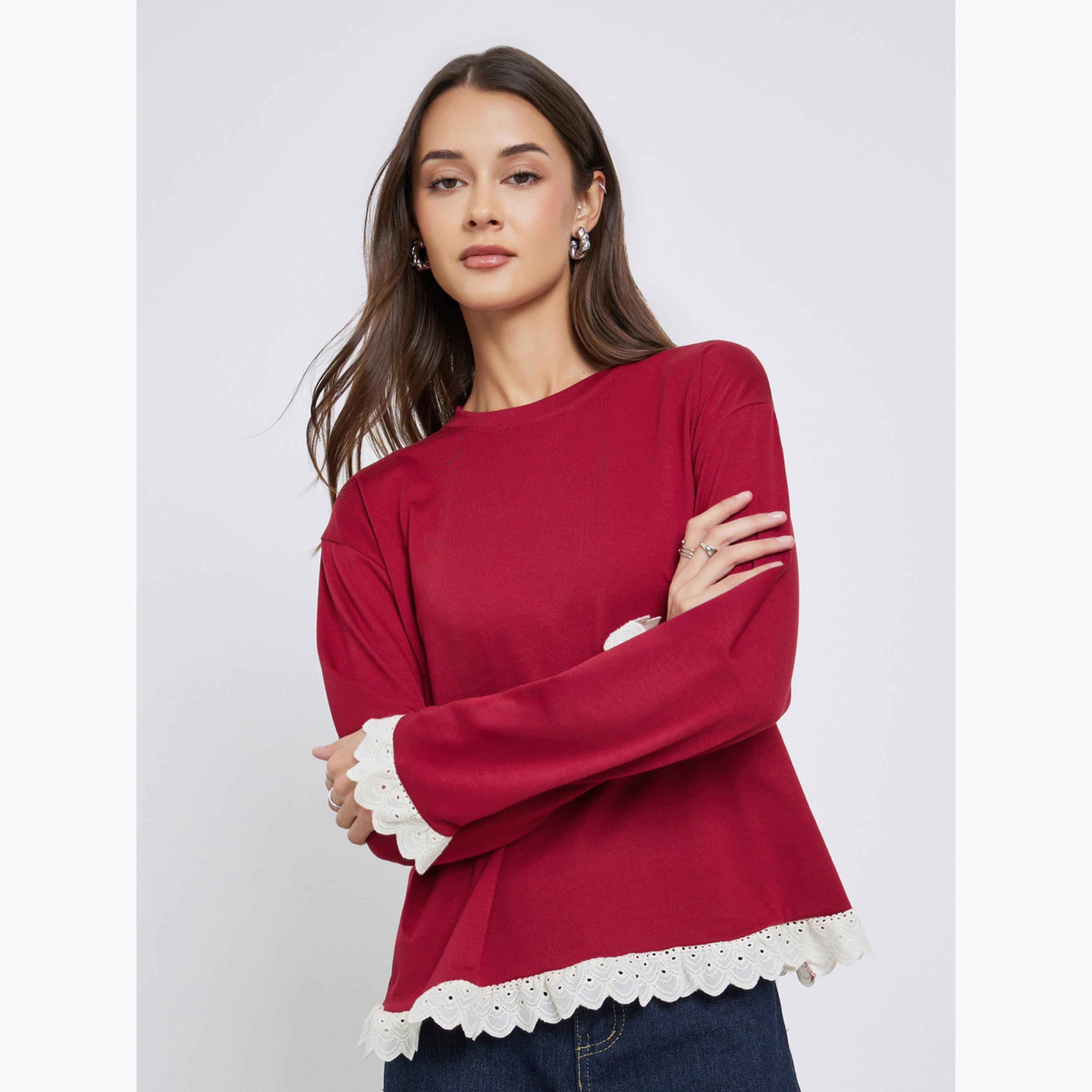 Styli Burgundy Knitted Top with Lace Trim-women-clothing-tshirts-image-1