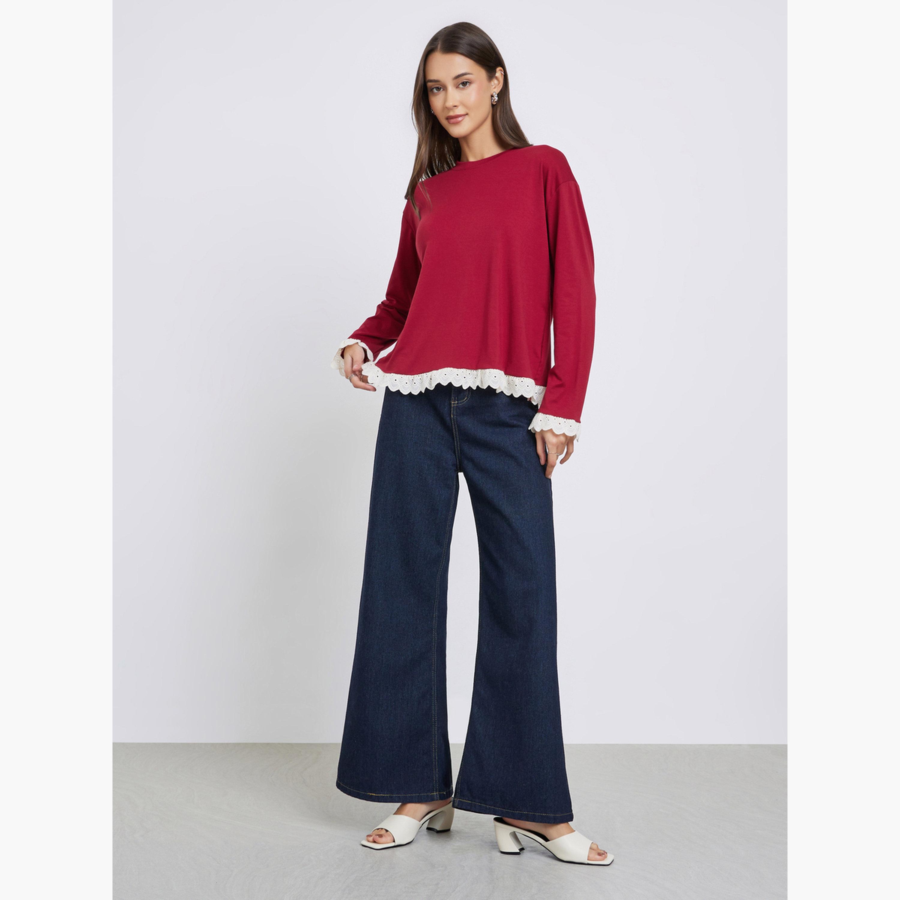 Styli Burgundy Knitted Top with Lace Trim-women-clothing-tshirts-image-2