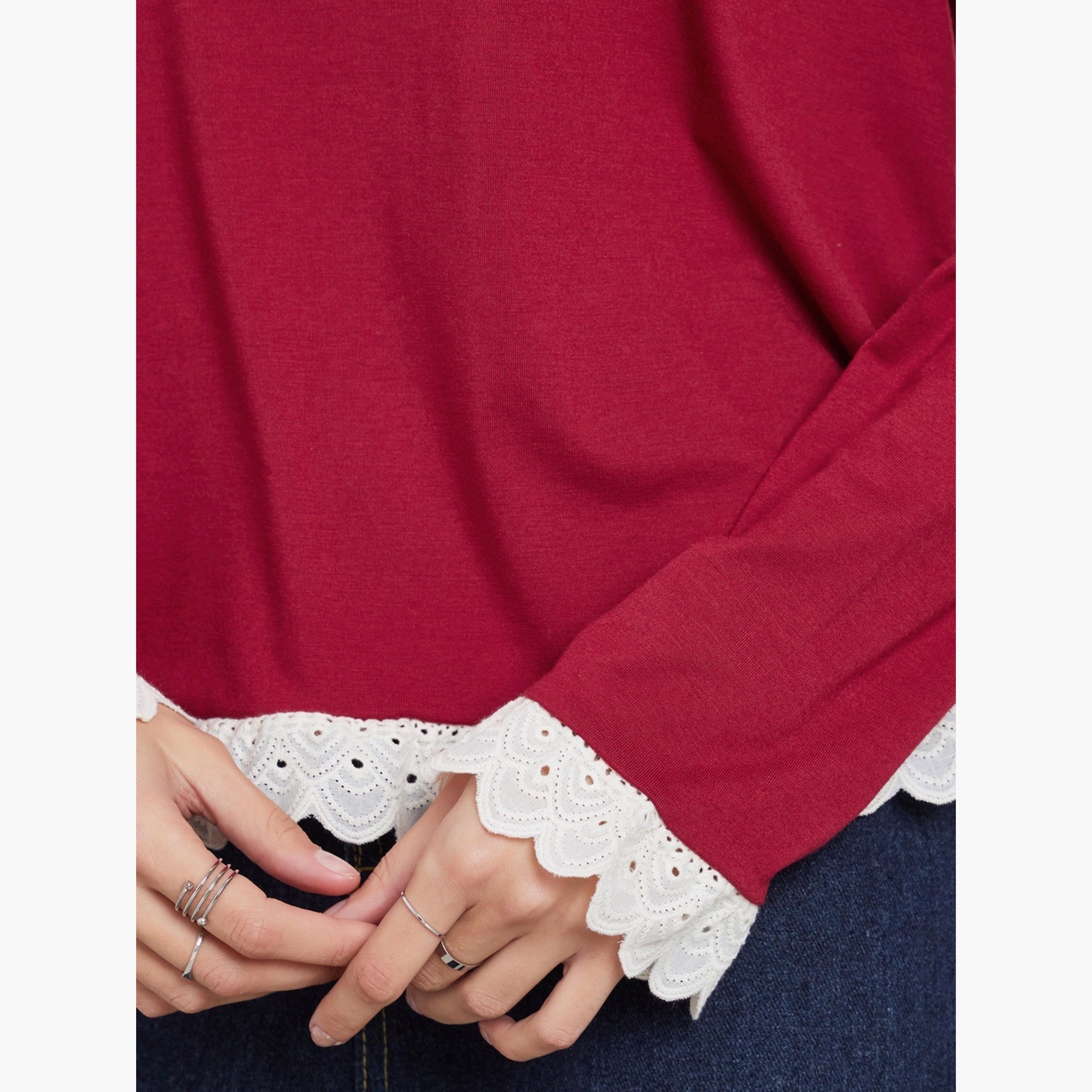 ستايلي - بلوزة محبوكة لون برغندي مع حافة من الدانتيل-women-clothing-tshirts-image-3