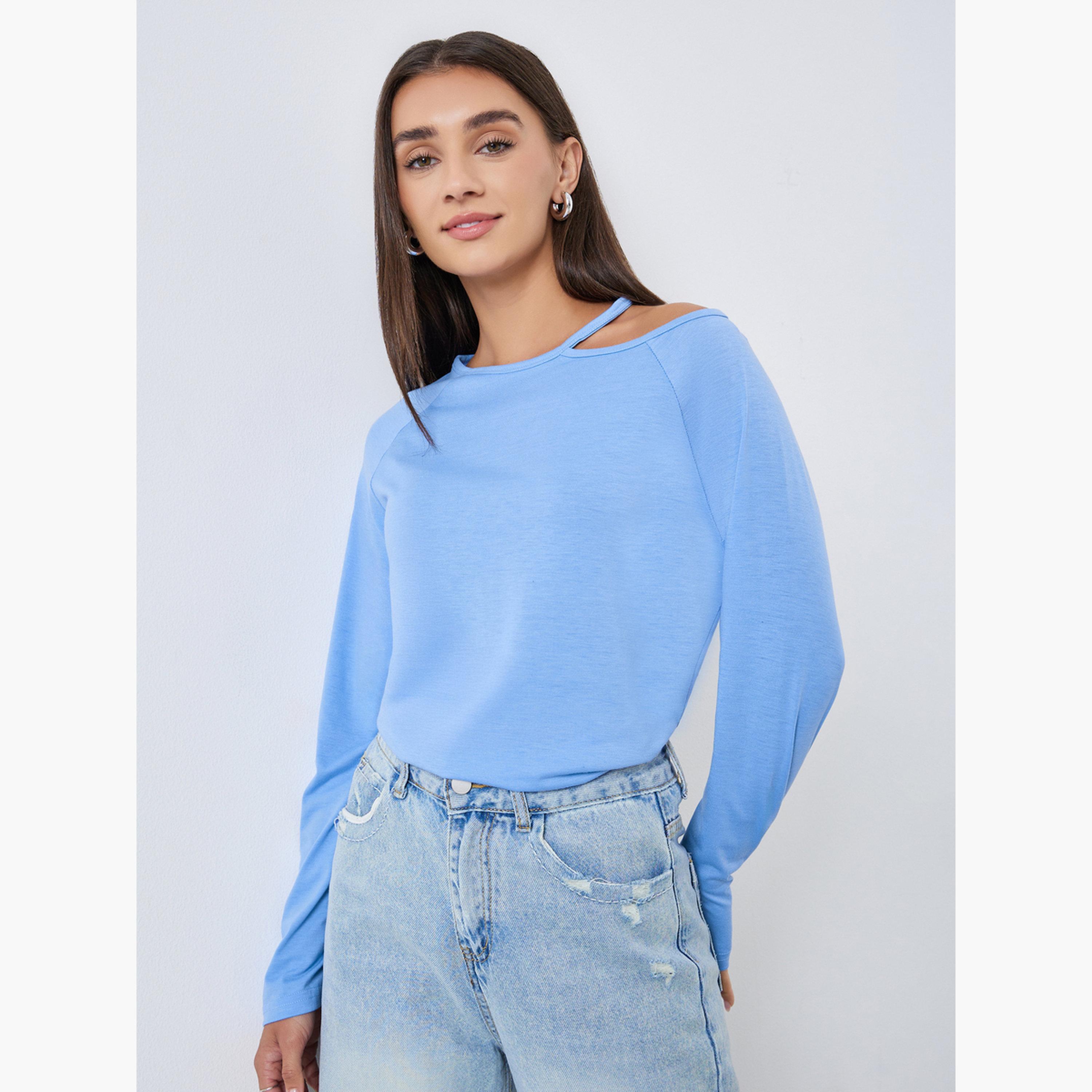 ستايلي - تي شيرت أزرق بأكمام طويلة وفتحات للكتف-women-clothing-tshirts-image-1