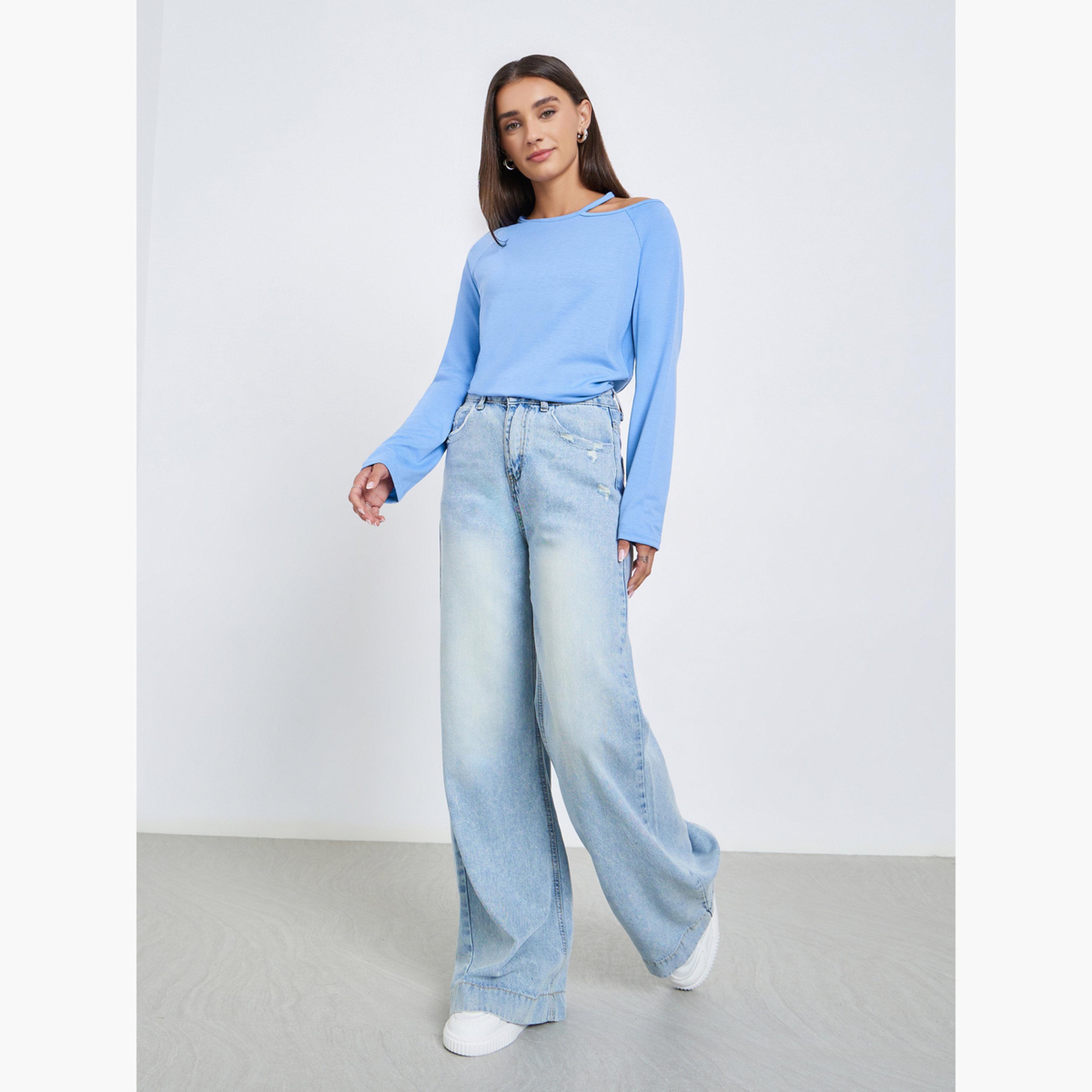 ستايلي - تي شيرت أزرق بأكمام طويلة وفتحات للكتف-women-clothing-tshirts-image-2