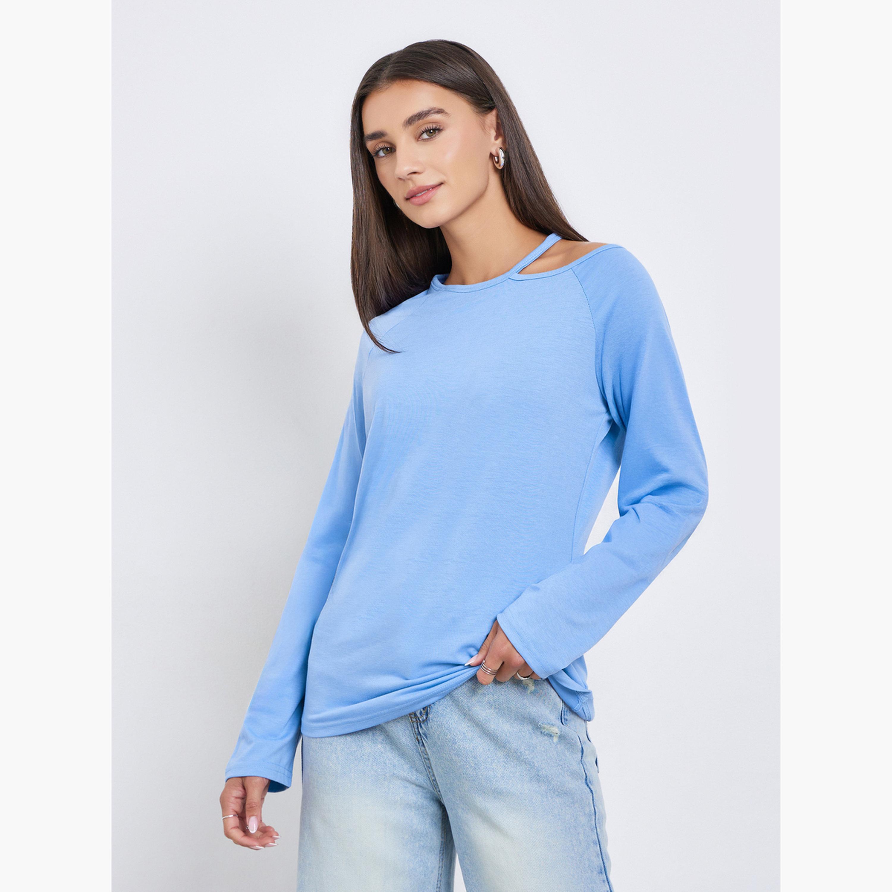 Styli Blue Long Sleeve Cutout Shoulder T-Shirt-women-clothing-tshirts-image-3