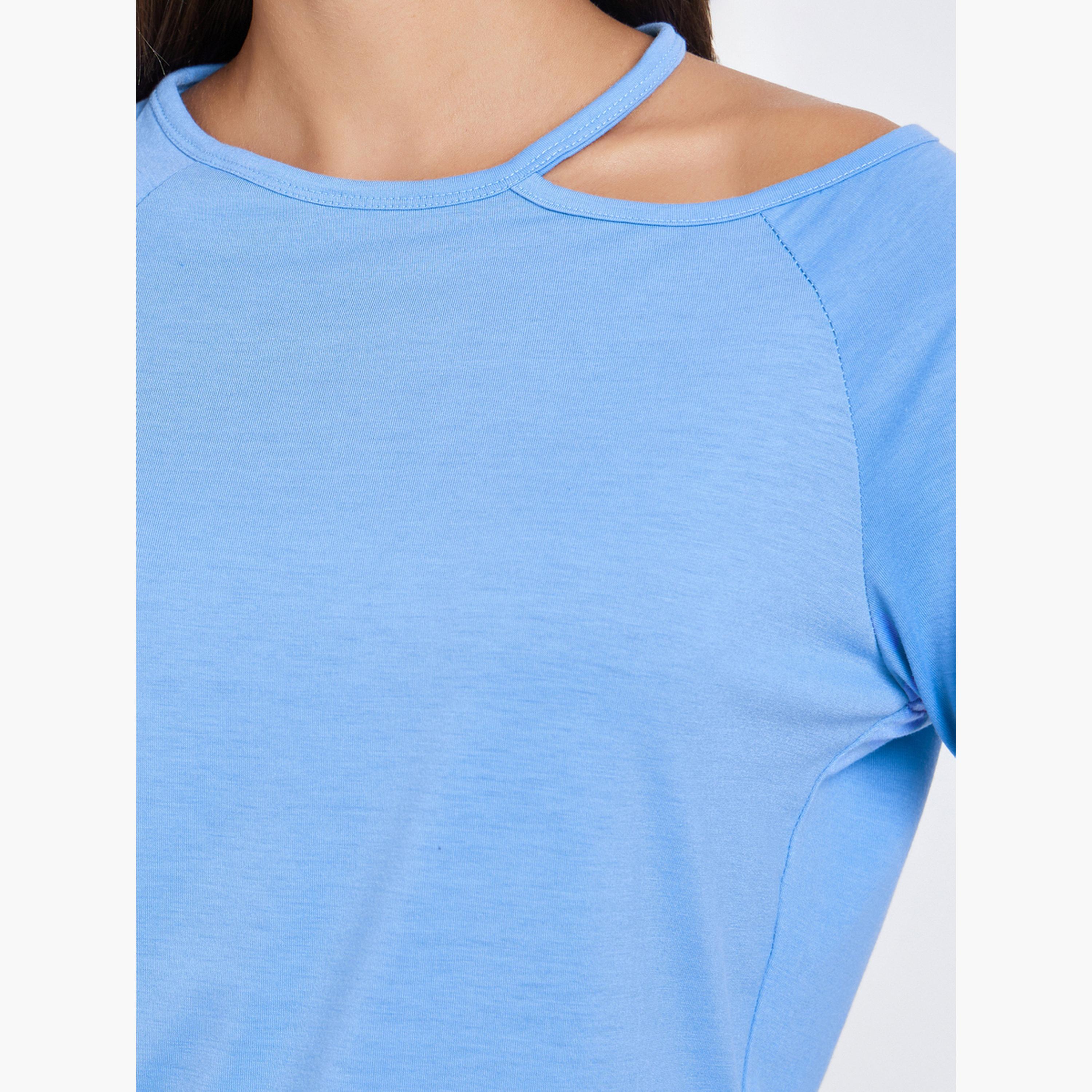 Styli Blue Long Sleeve Cutout Shoulder T-Shirt-women-clothing-tshirts-image-4