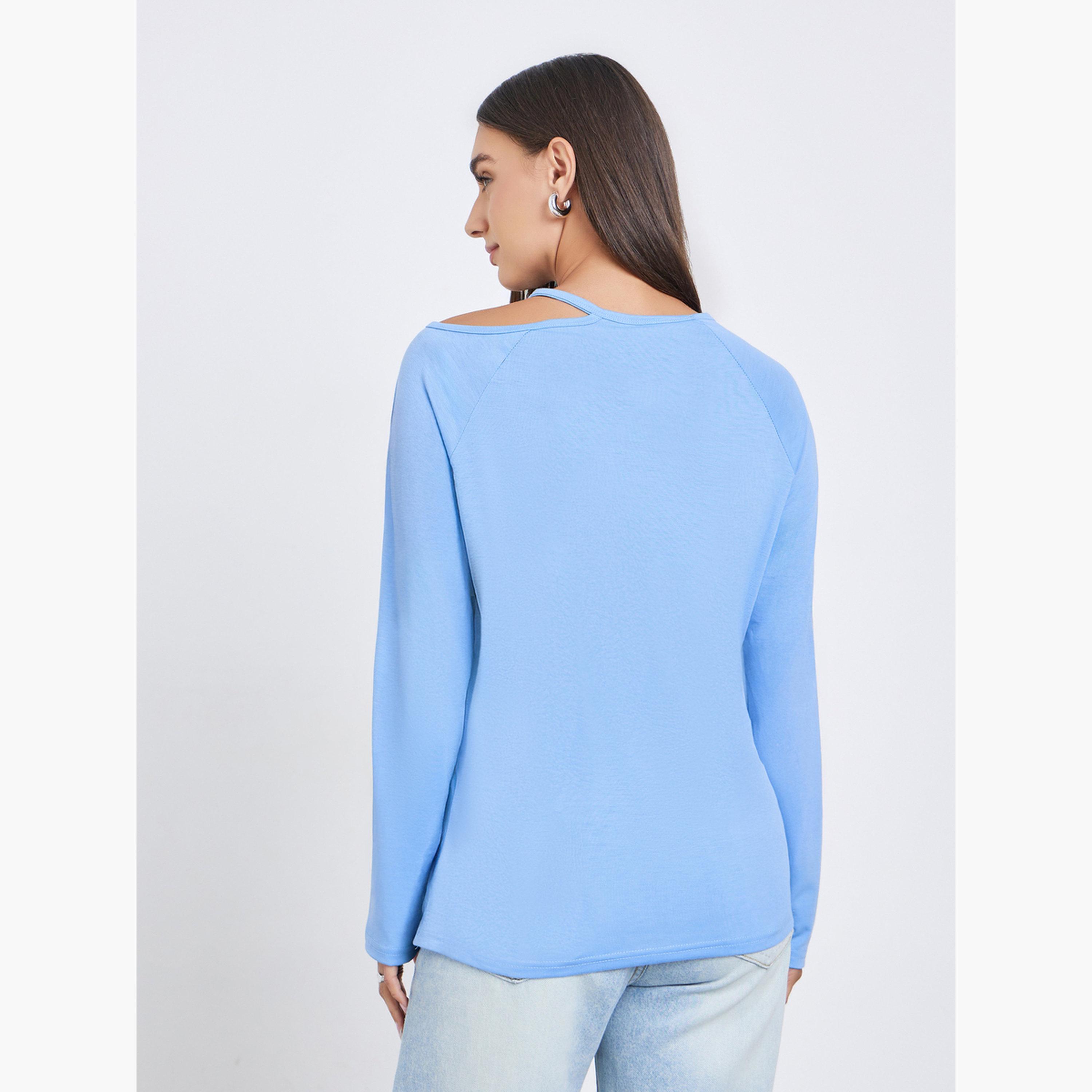 ستايلي - تي شيرت أزرق بأكمام طويلة وفتحات للكتف-women-clothing-tshirts-image-5